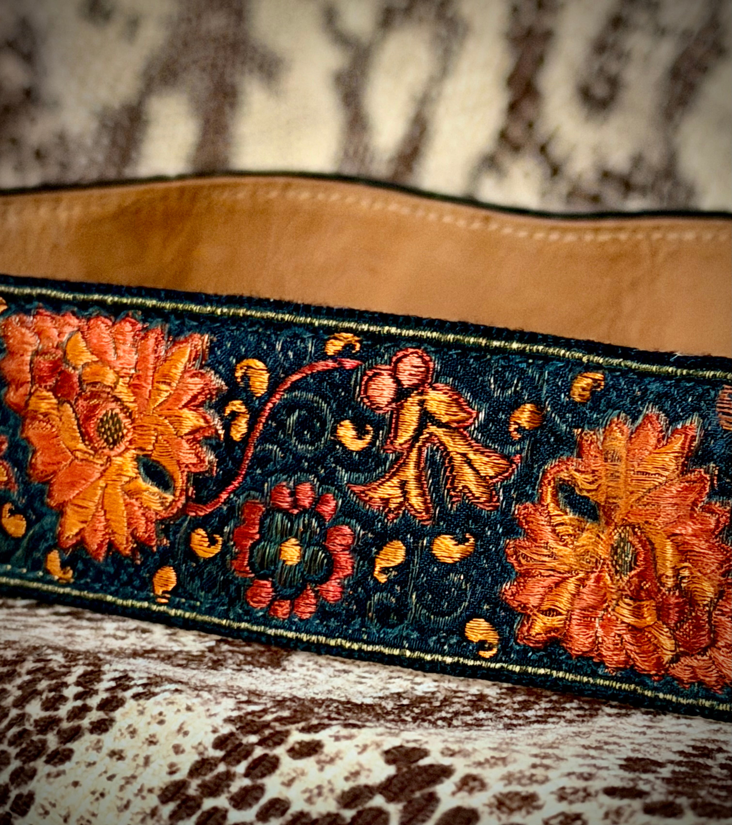 1970s Lutèce Paris Embroidered Leather Belt-Floral Tapestry (Made in France)