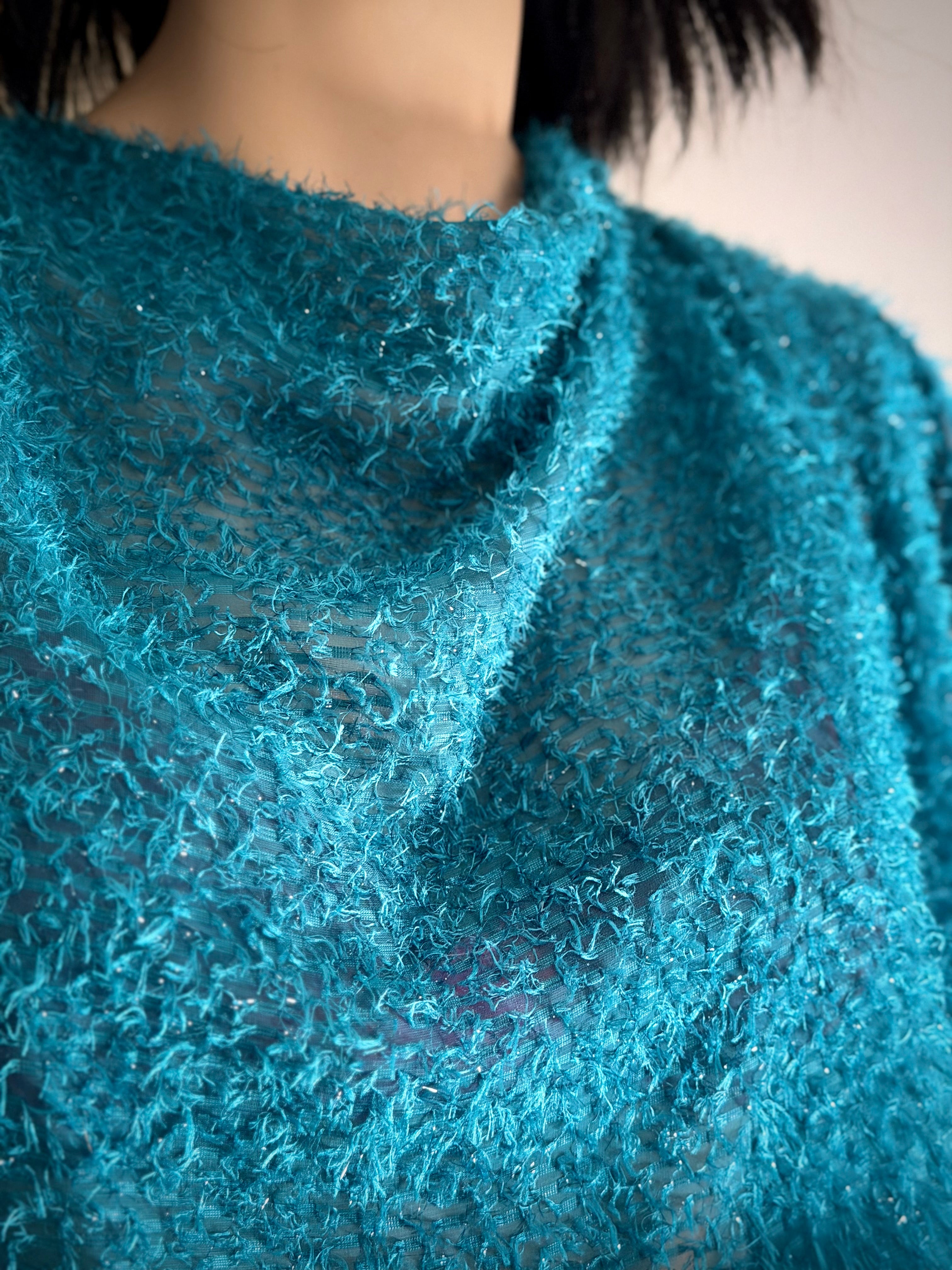 Electric Turquoise Sheer Lurex Midi Dress – 80s Avant-Garde Silhouette