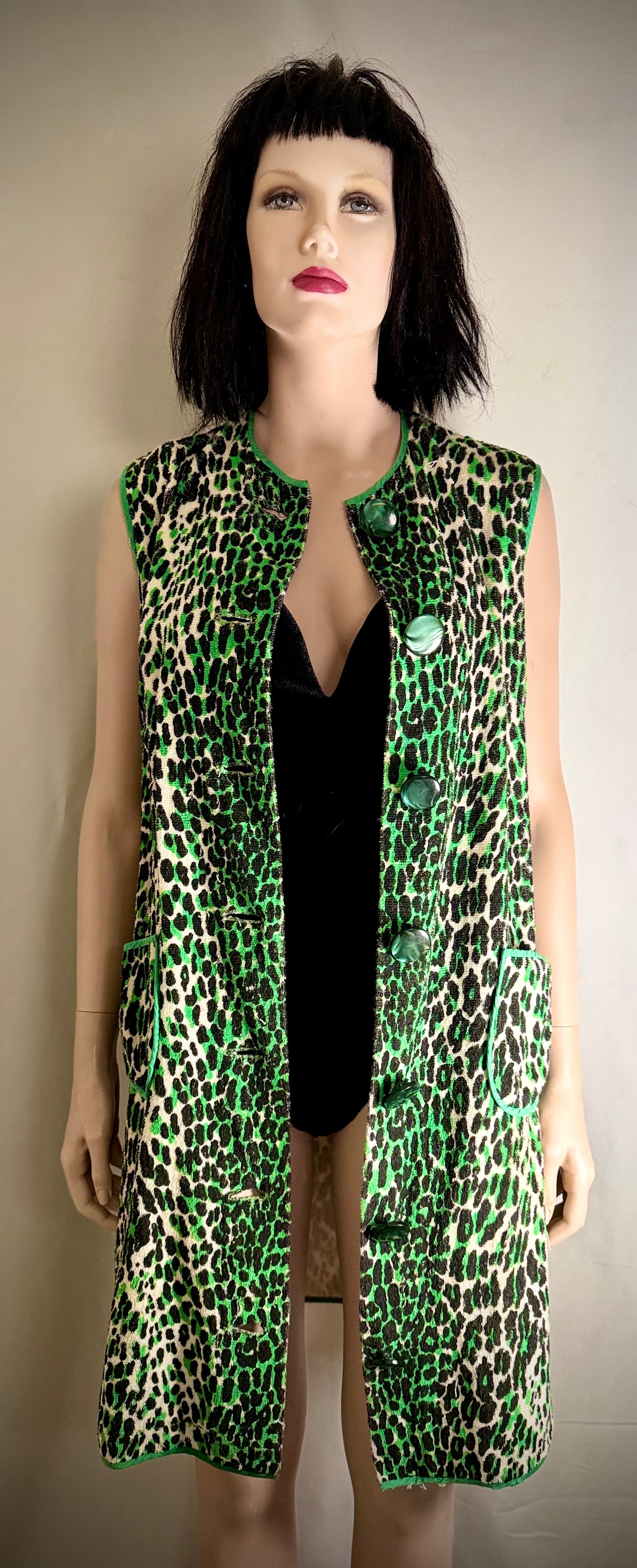 Vintage 1960s Leopard Print Towelling Dress | Unworn | Graphic Green