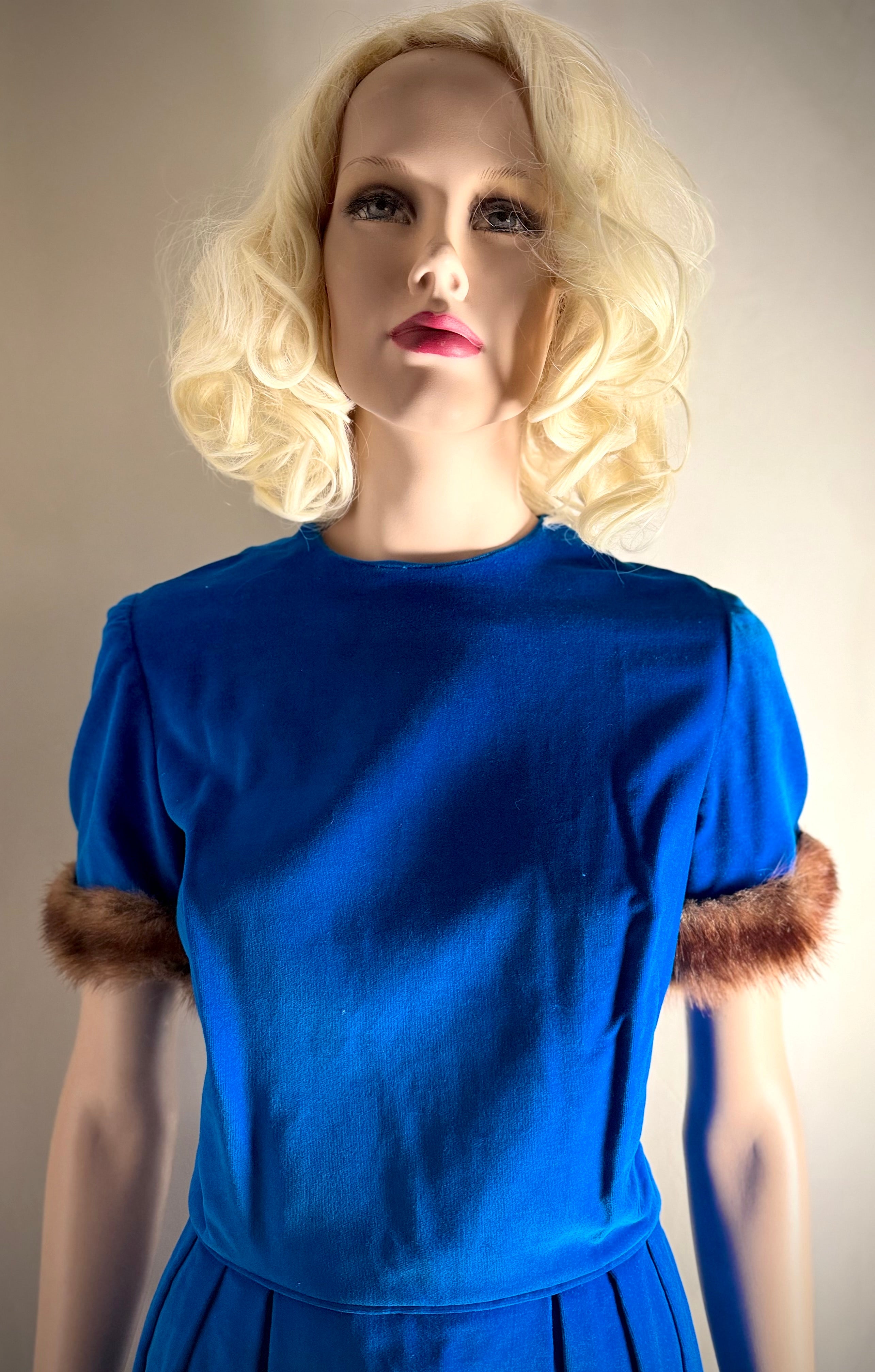 1960s Royal Blue Velvet Dress with Fur-Trimmed Sleeves