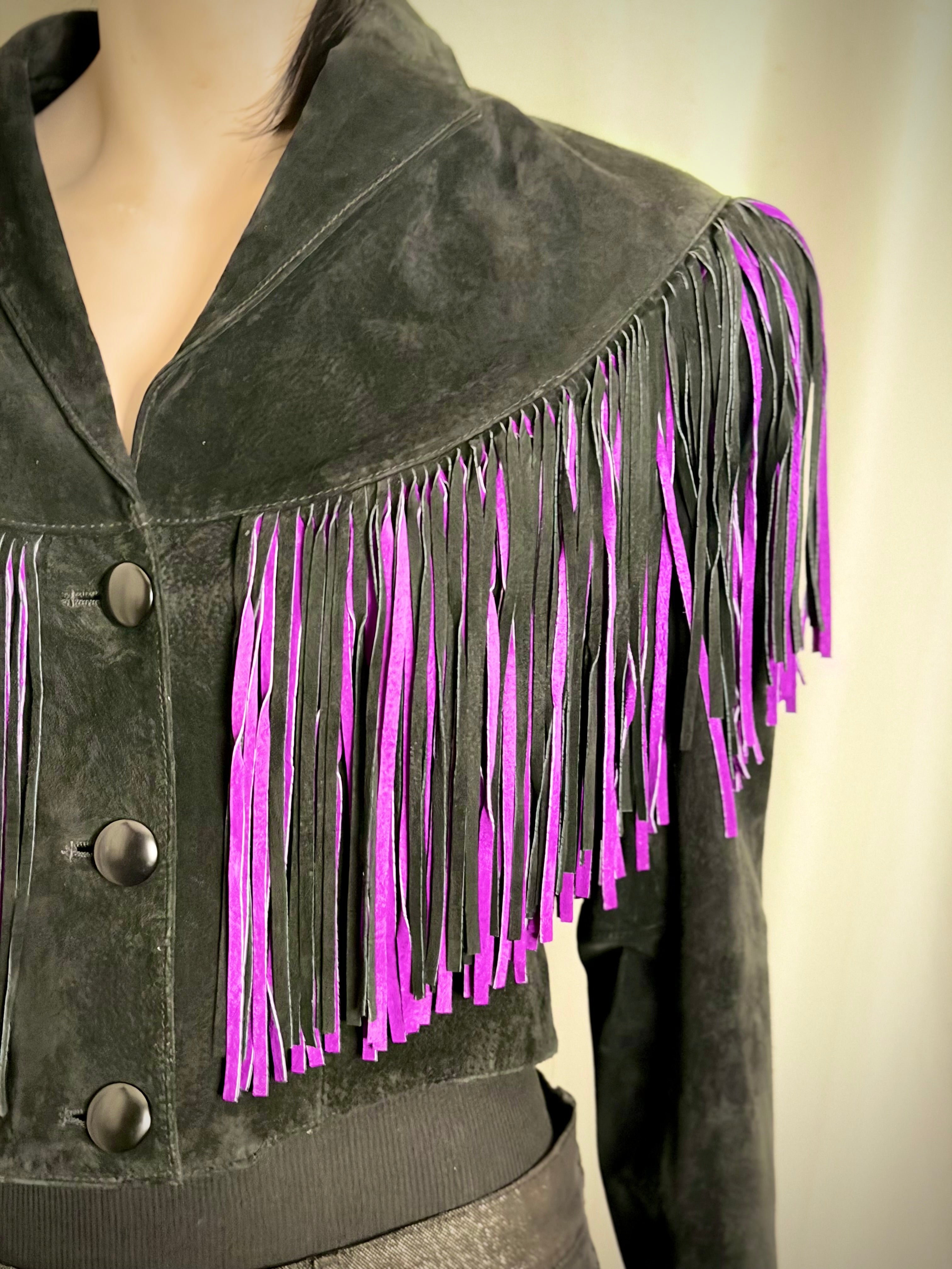 Exceptional 1980s Adler Black and Purple Suede Fringe Jacket