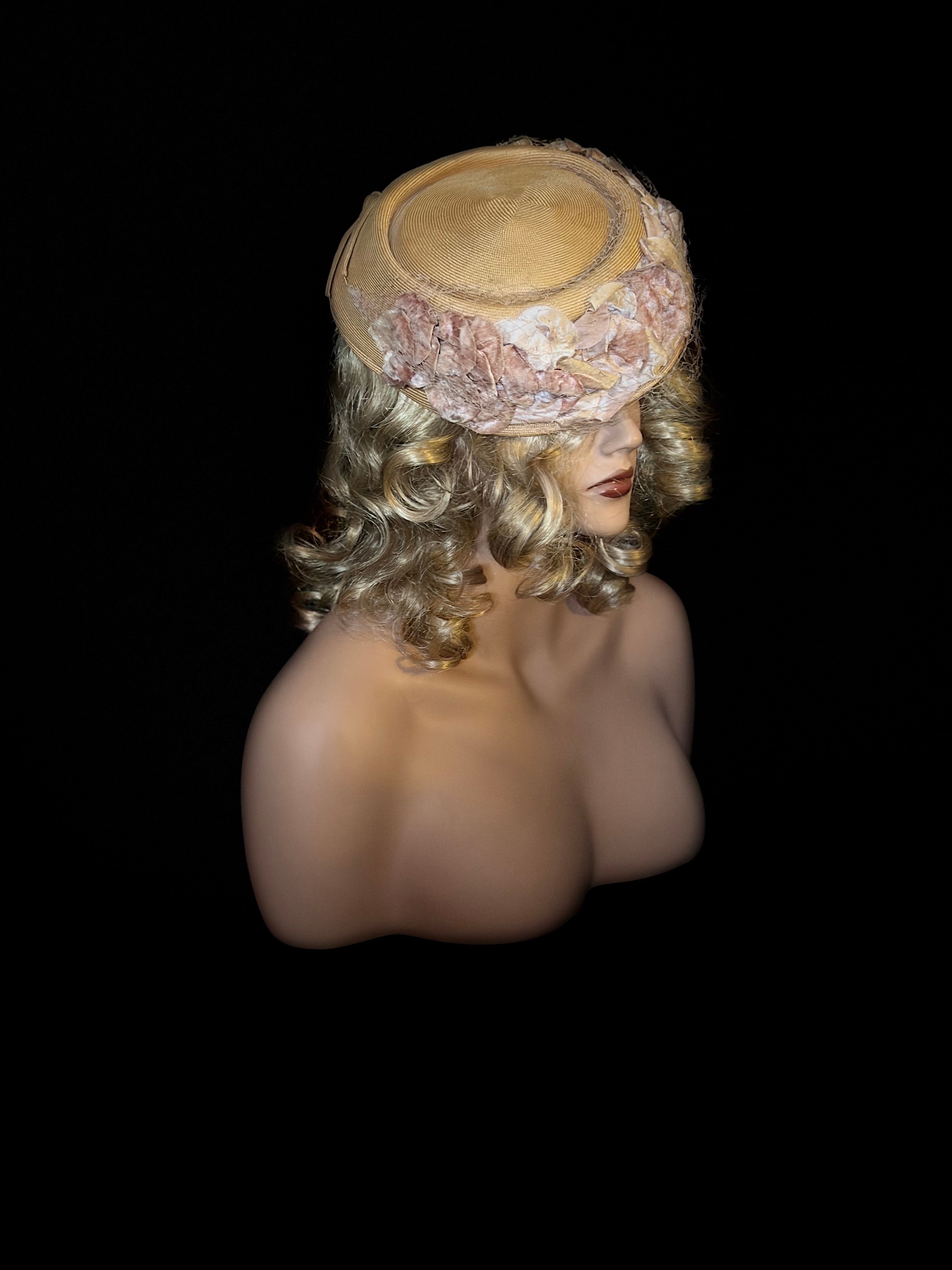 Early- Mid 1940s Straw Hat with Velvet Floral Trim and Veil