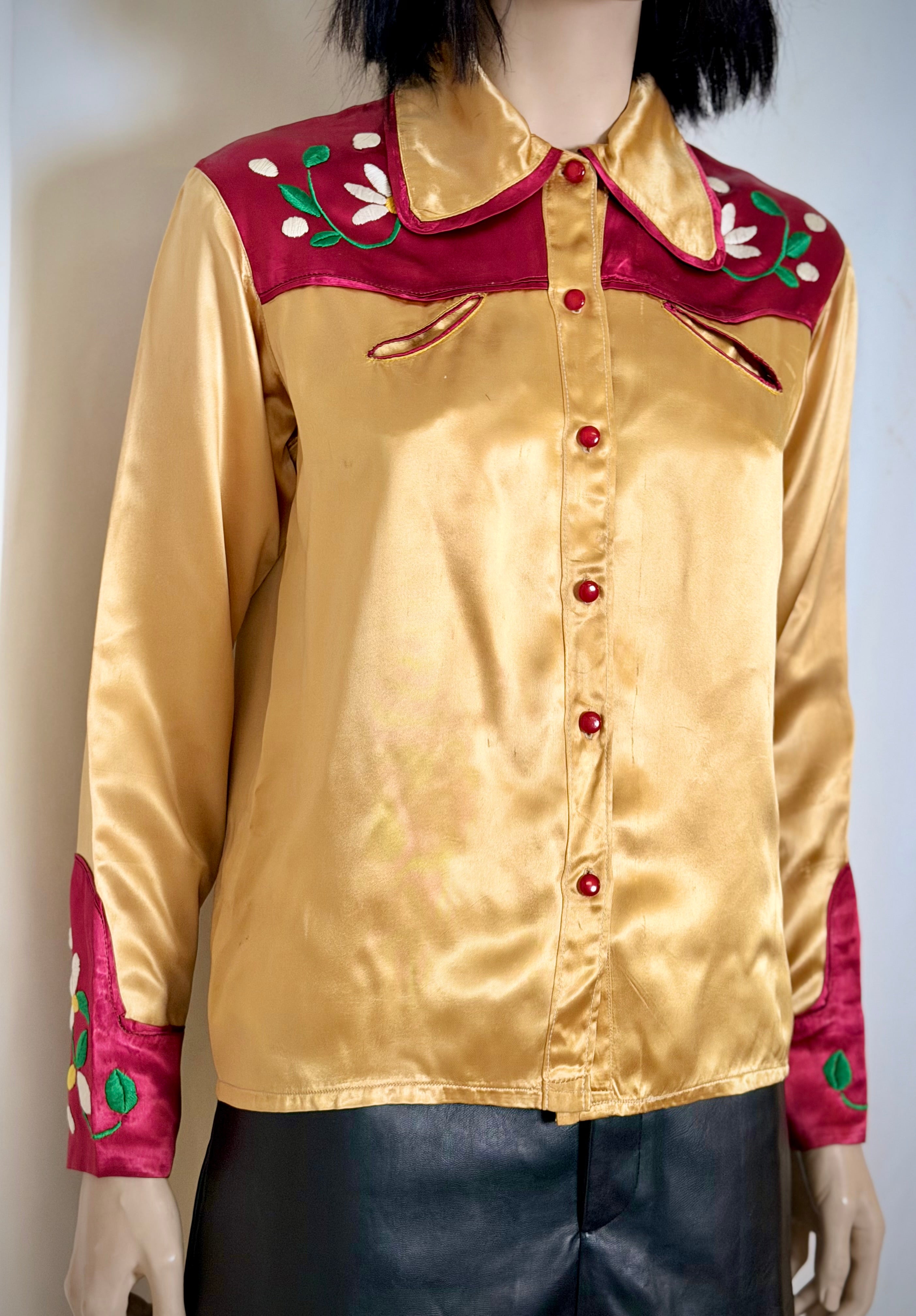 1940s Hand Embroidered Satin Western Shirt