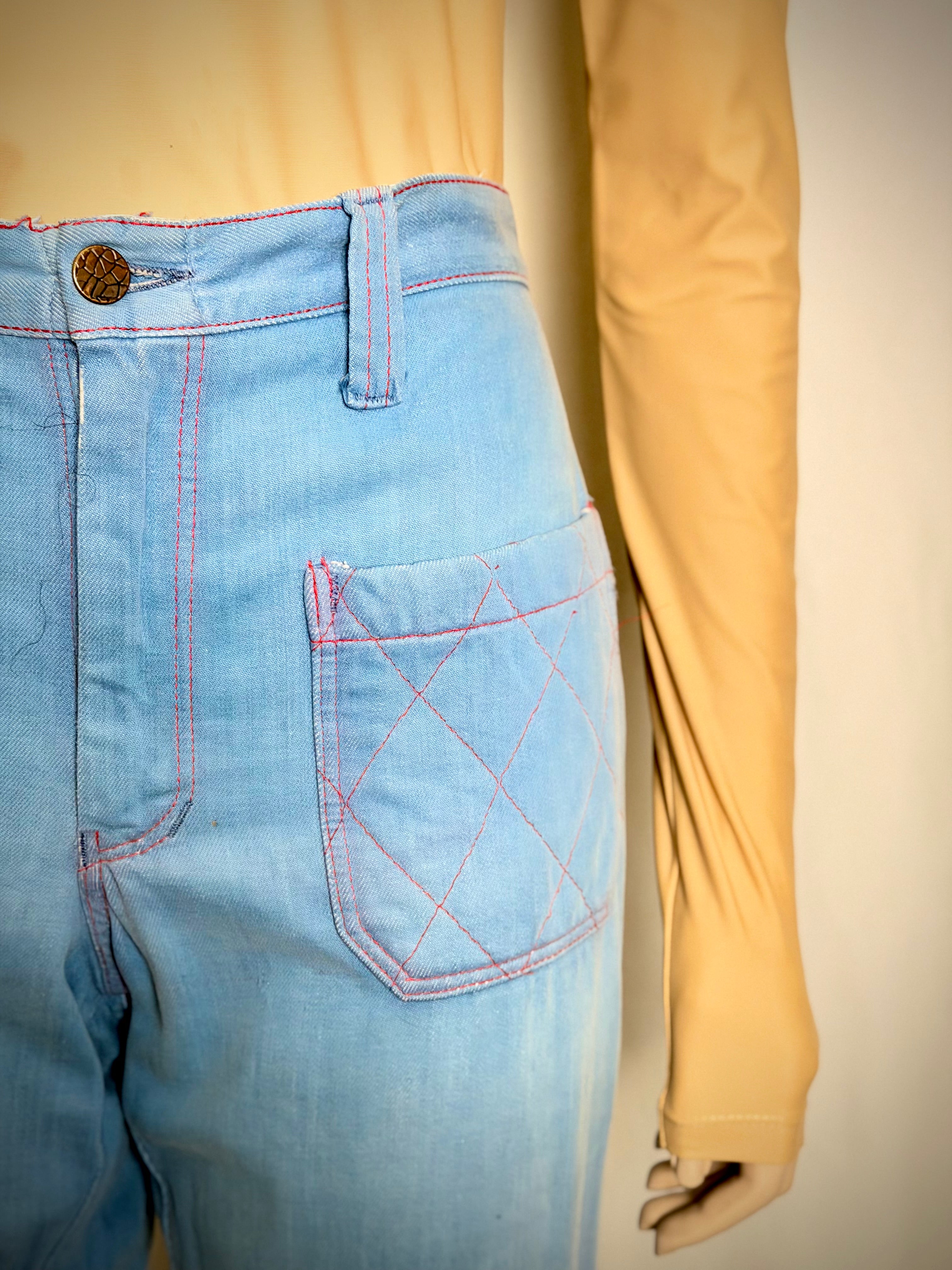 Vintage 70s Keyman Quilted Flares - Light Blue Denim