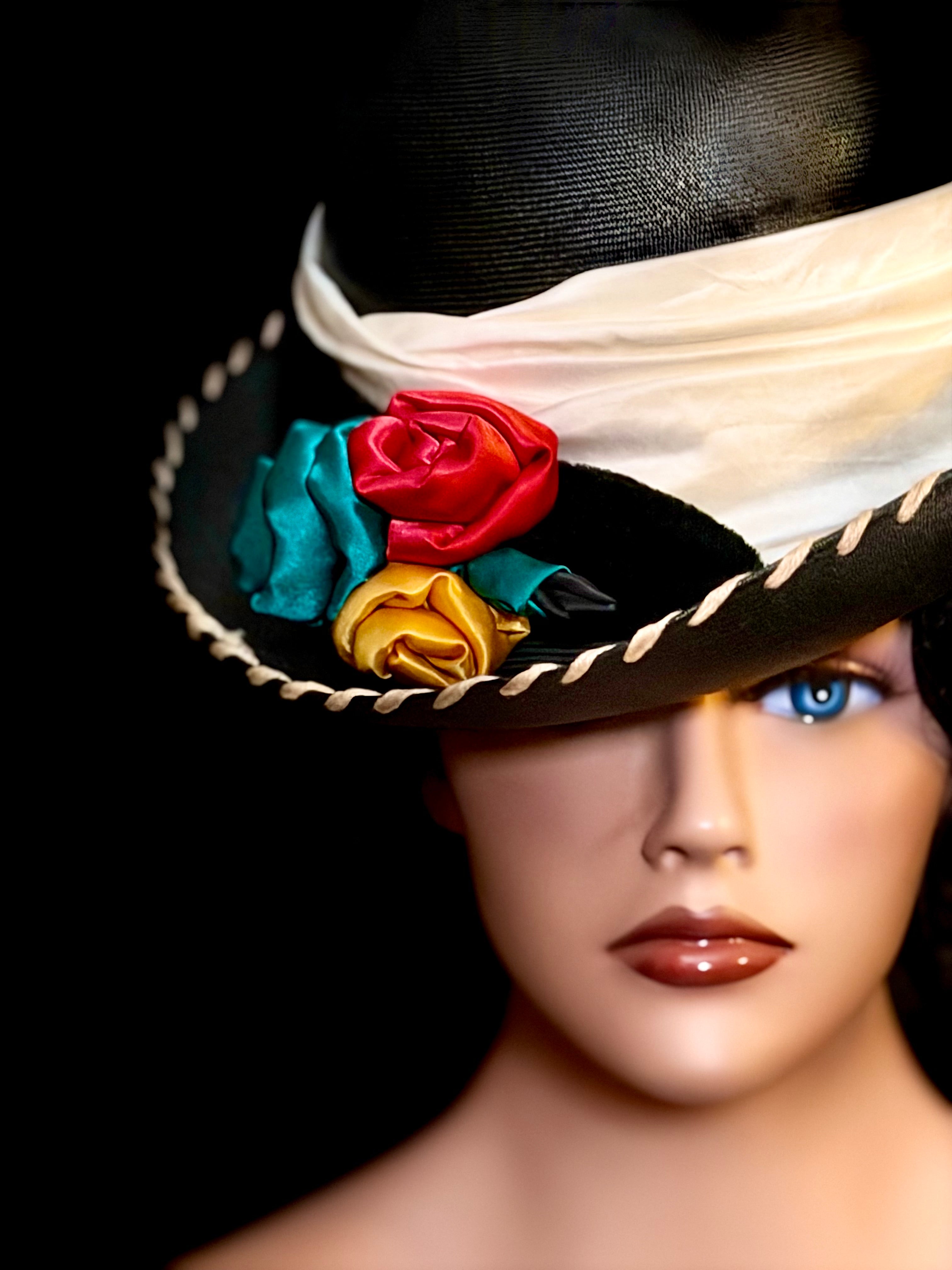 Exceptional Mid-Century Sculptural Hat - Black Structured Crown with Velvet and Satin Roses