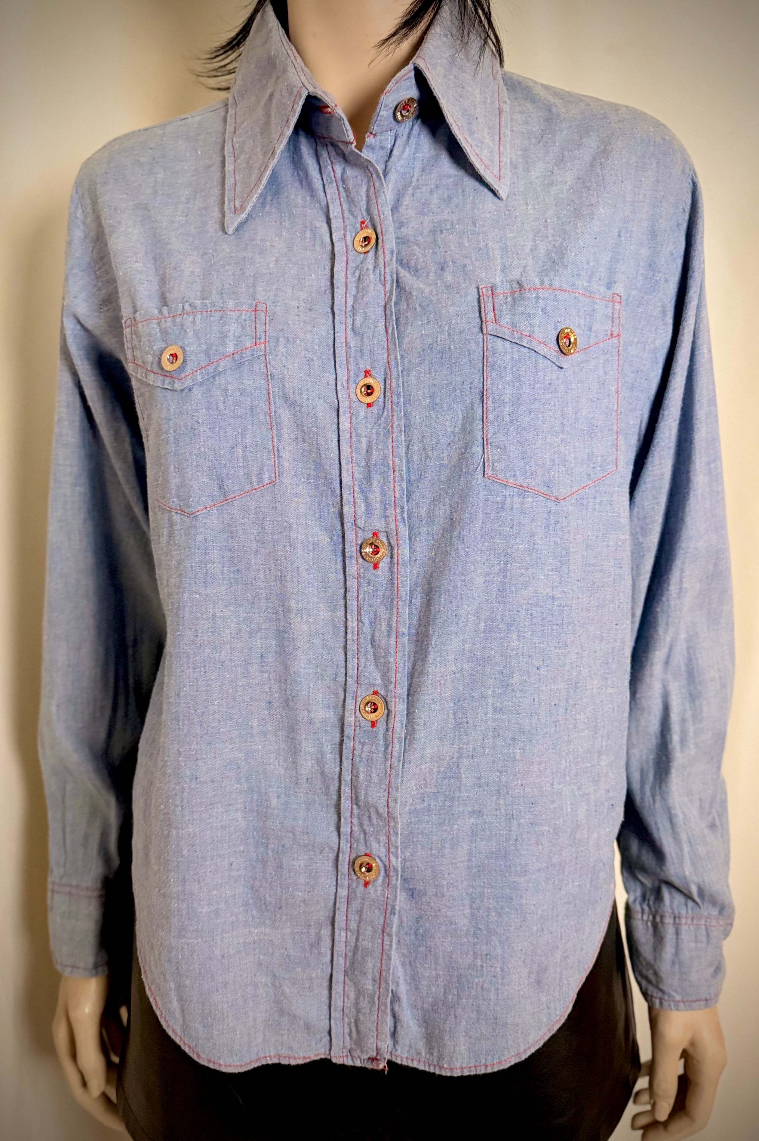1970s American Denim Shirt with French Military Buttons – Dagger Collar, Red Contrast Stitching