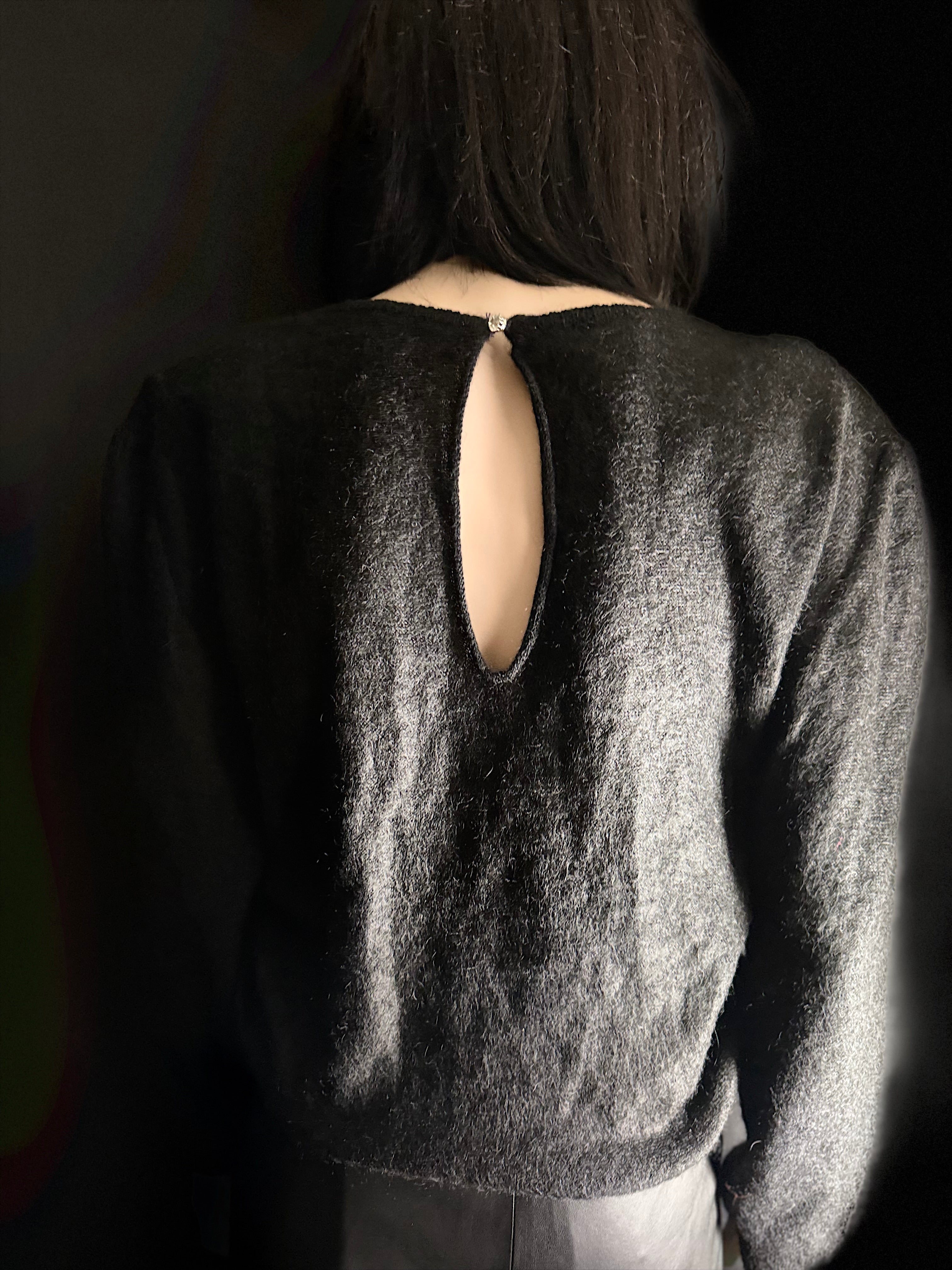 1980s Kid Mohair Beaded Knit Top / Black Mohair Sweater / Diamante Button Back