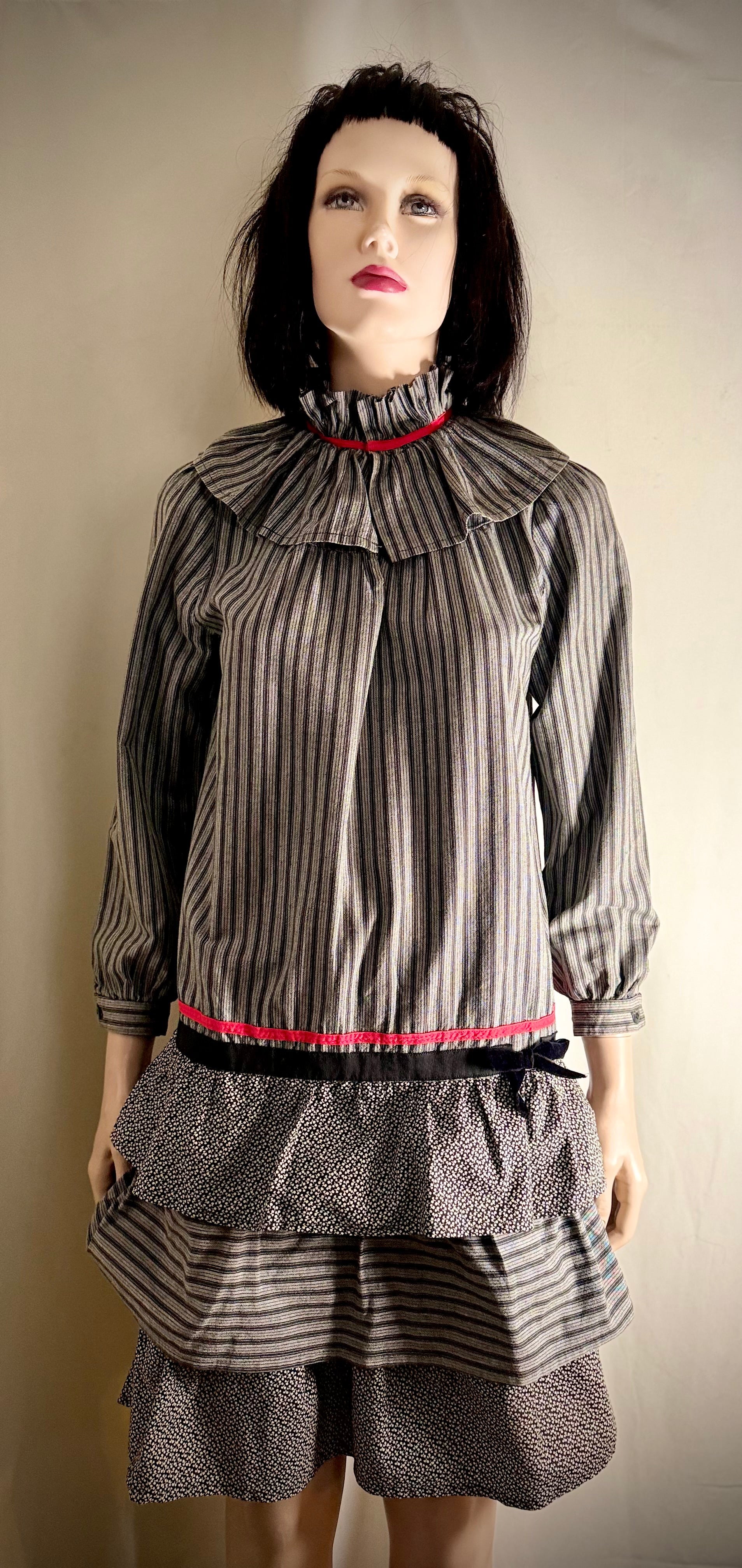 1970s-1980s Prairie Ruffle Dress with Pierrot Collar