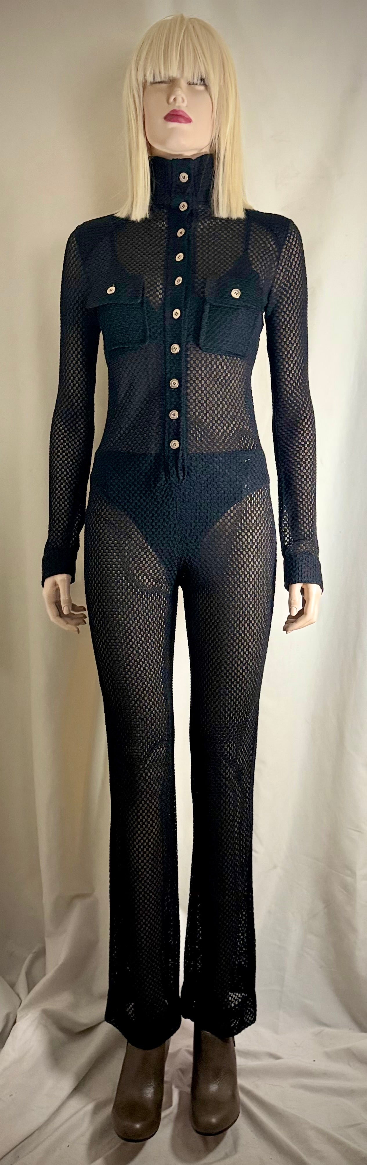 1970s Black Lace Mesh Jumpsuit With Military Details