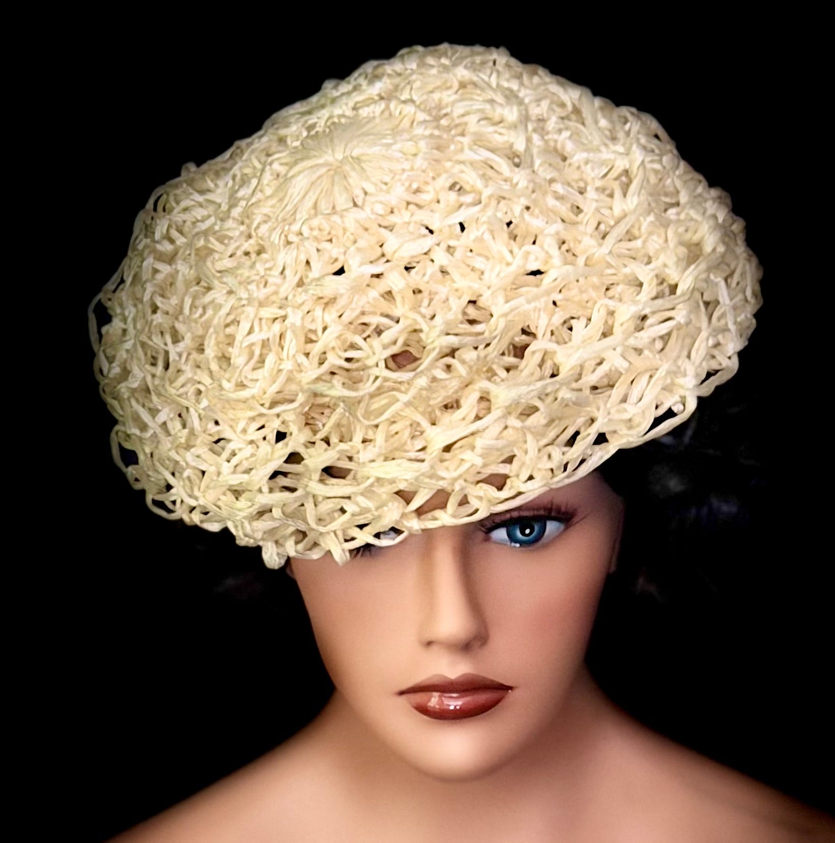Mid-Century Sculptural Raffia Hat - Handwoven Organic Form