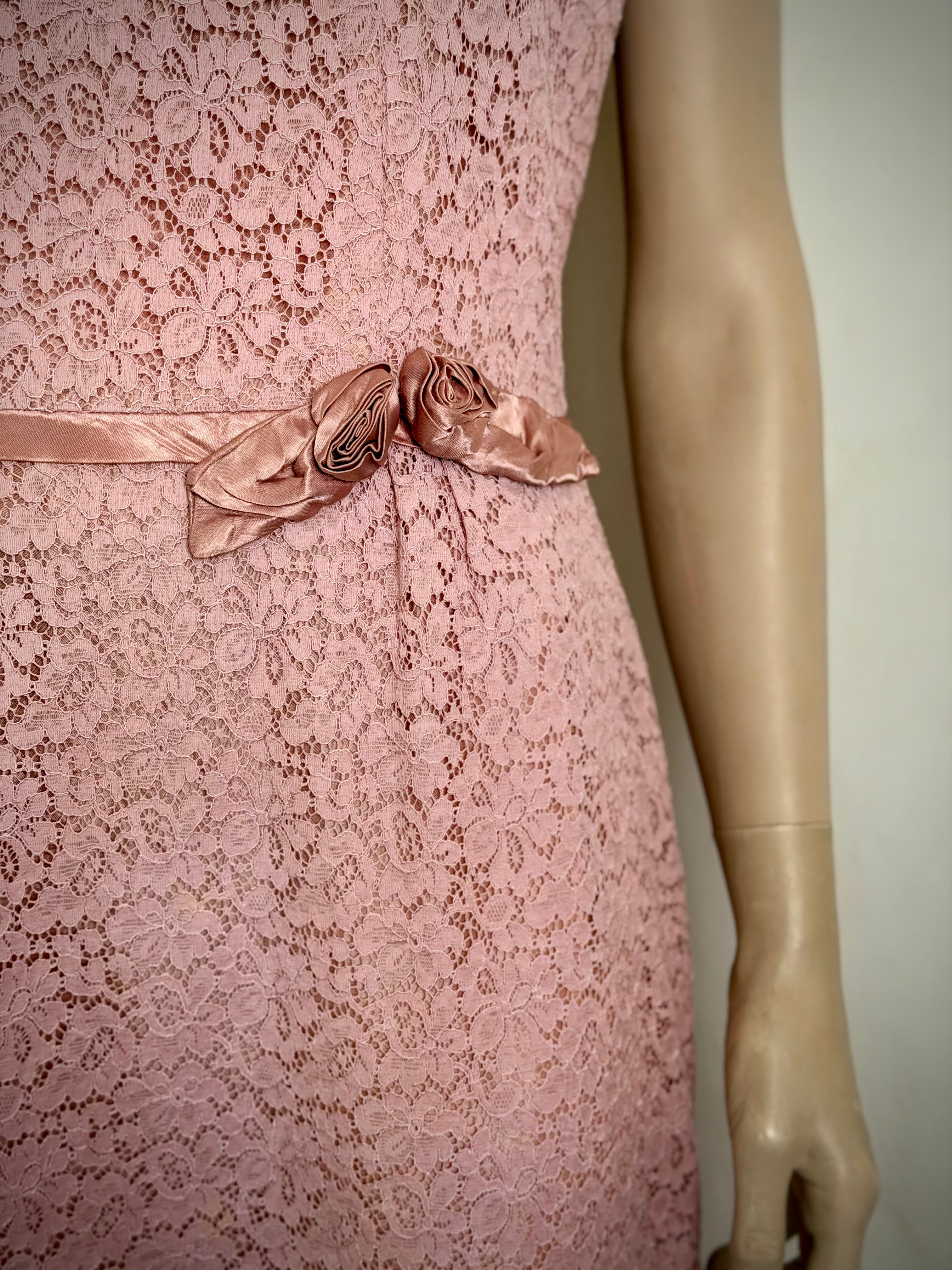 1950s Pink Lace Cocktail Dress with Satin Rosette Belt