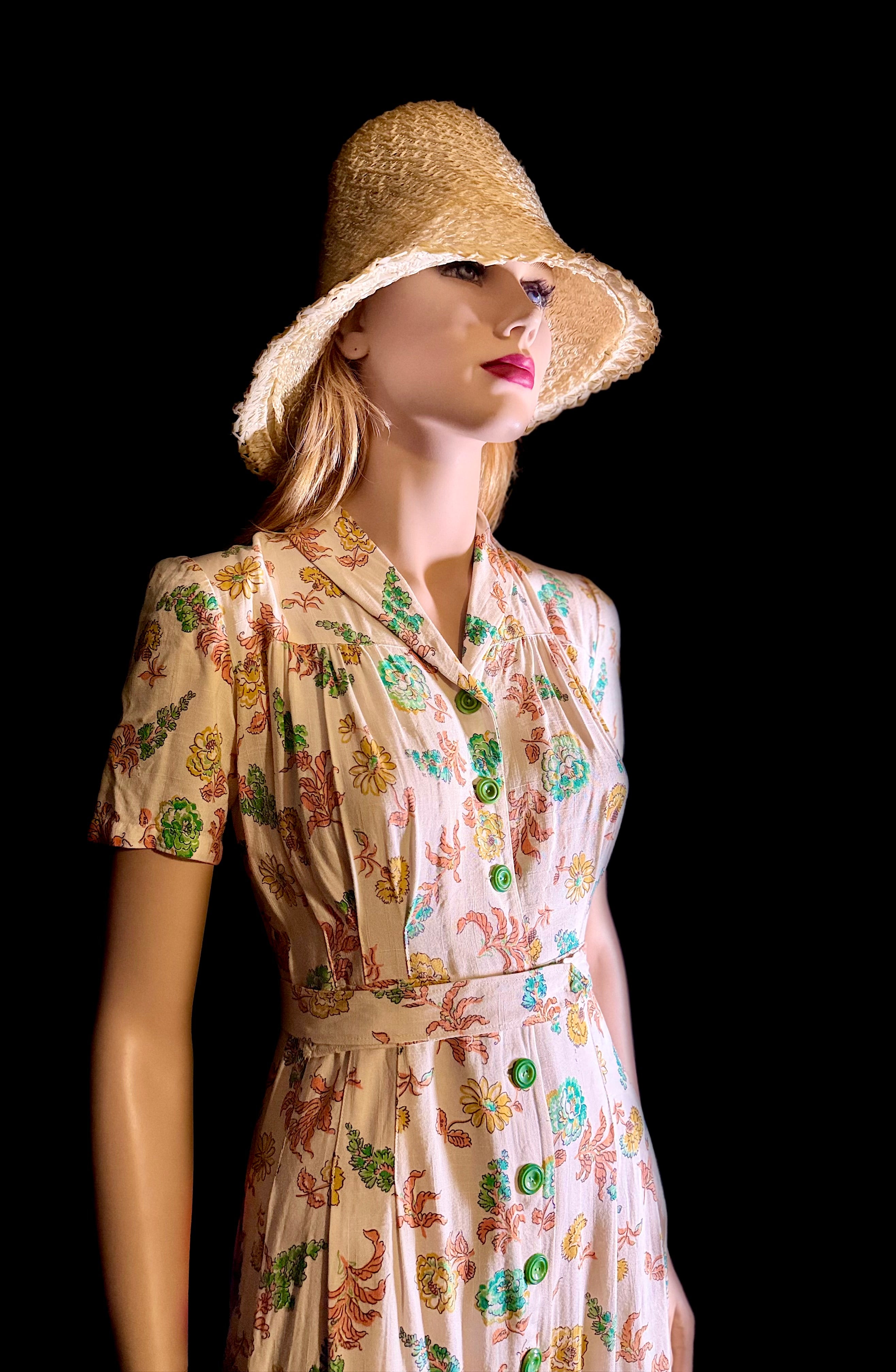 Late 1930s- Early 1940s Hand-Sewn Floral Day Dress with Original Green Buttons