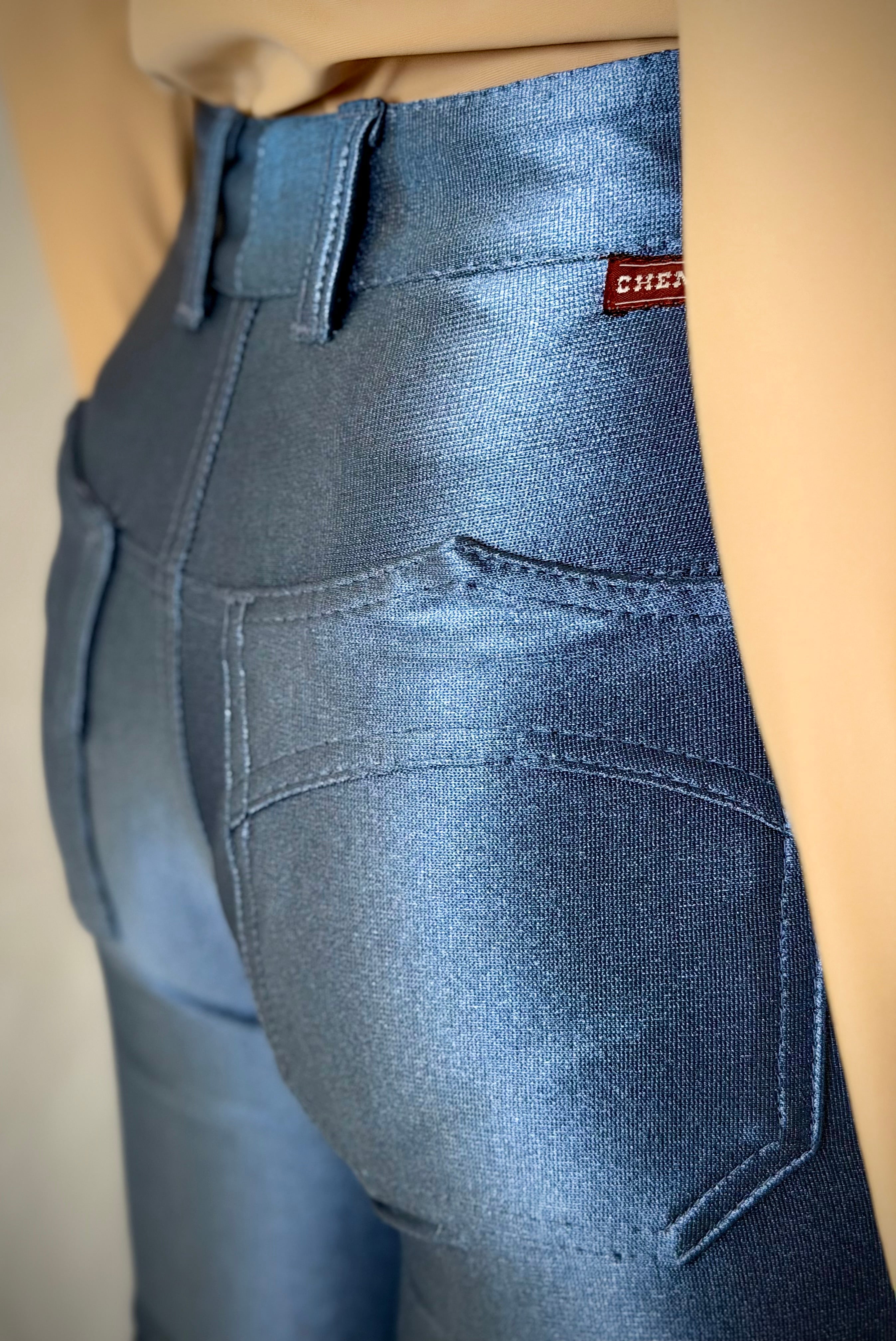 Vintage 70s Chemin de Fer Metallic Blue Flared Pants