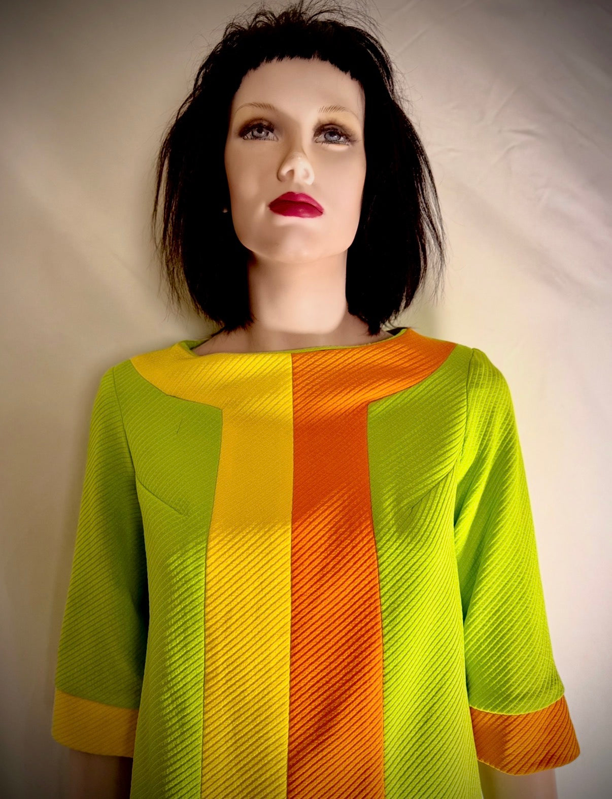 1960s Mod Graphic Stripe Shift Dress - Lime, Yellow and Tangerine
