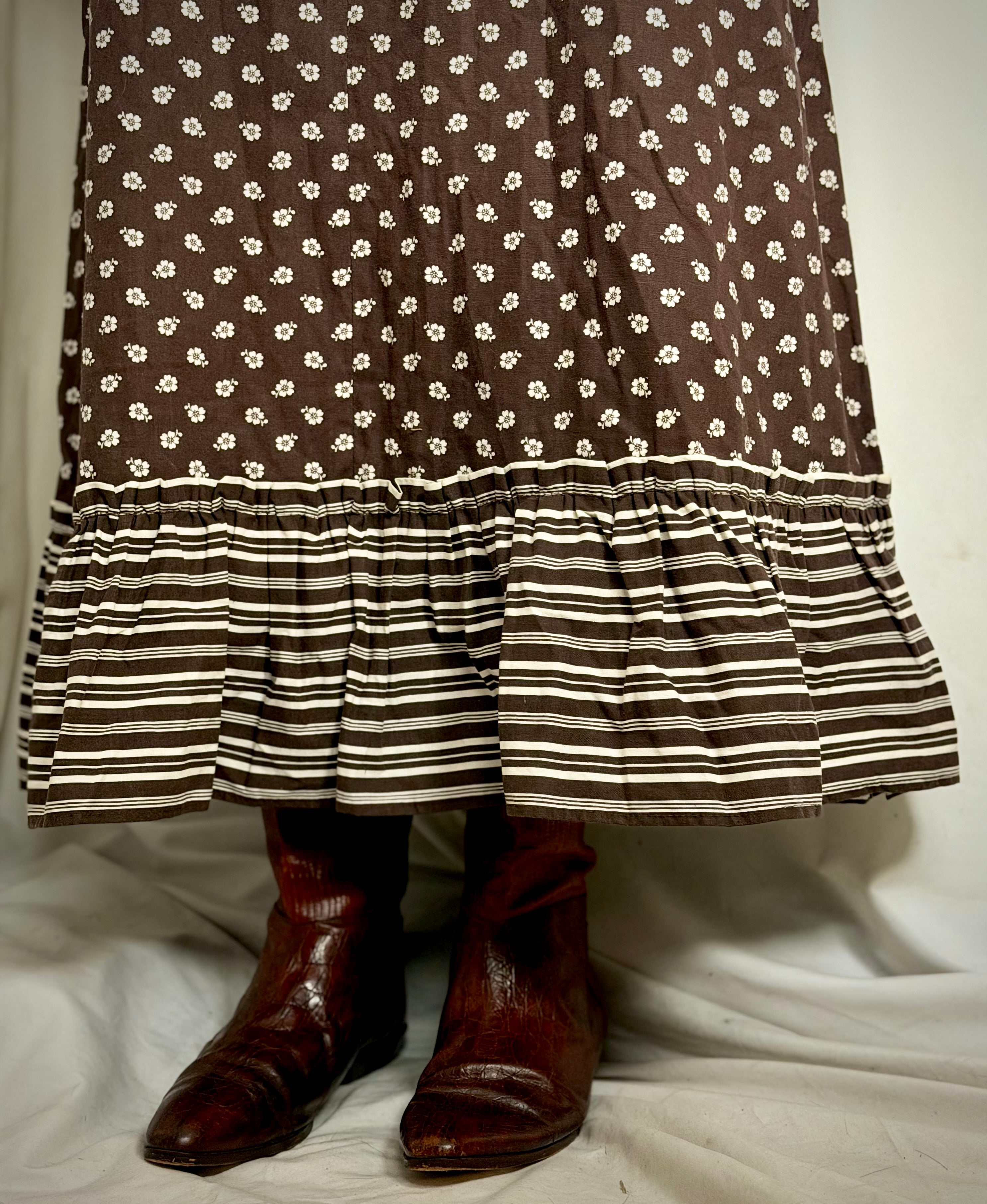 1970s Dark Brown Cotton Prairie Dress