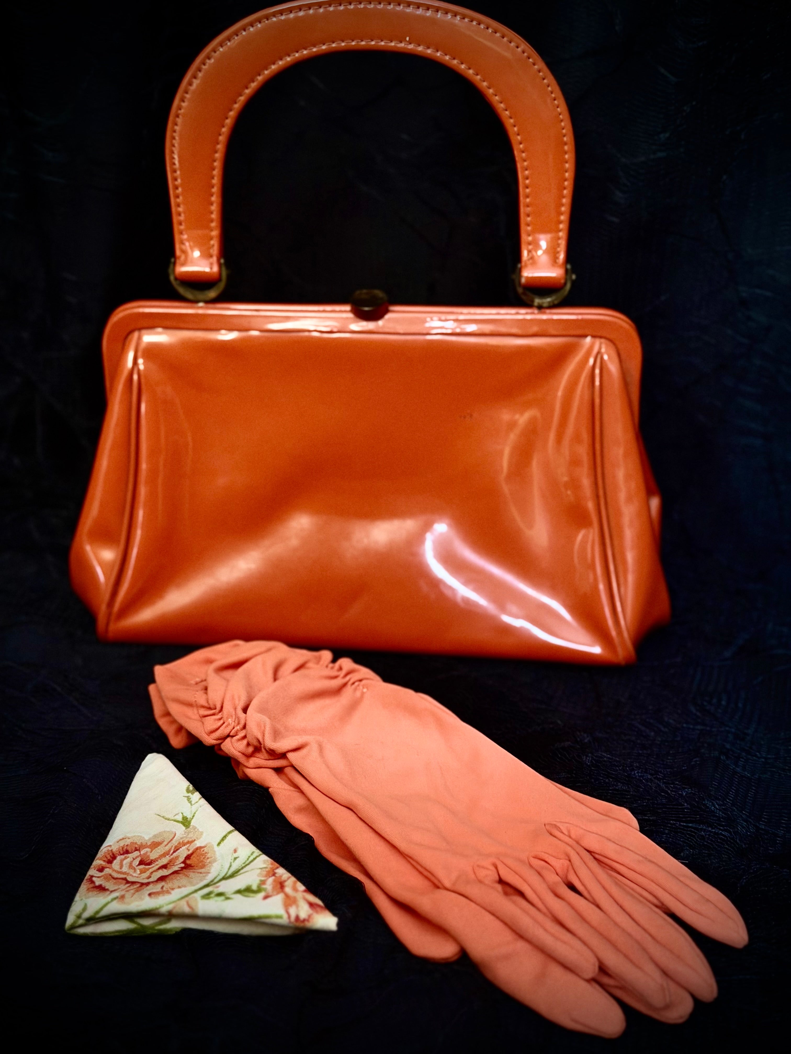 Mid-Century Tangerine Handbag with Original Gloves and Hanky Set