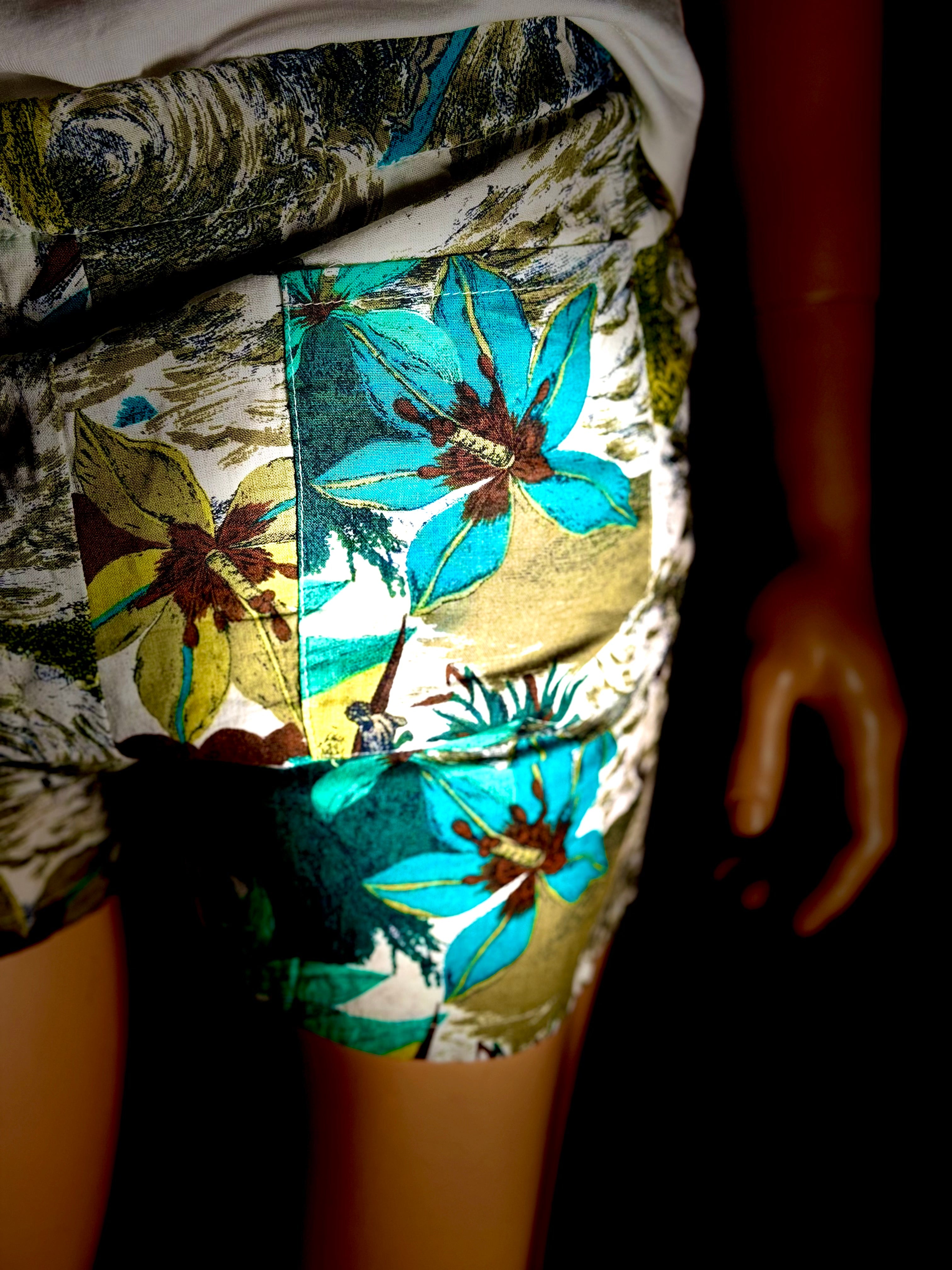 1960s Tropical Print Swim Shorts - Op-Art Floral Boxer Style (Rare)