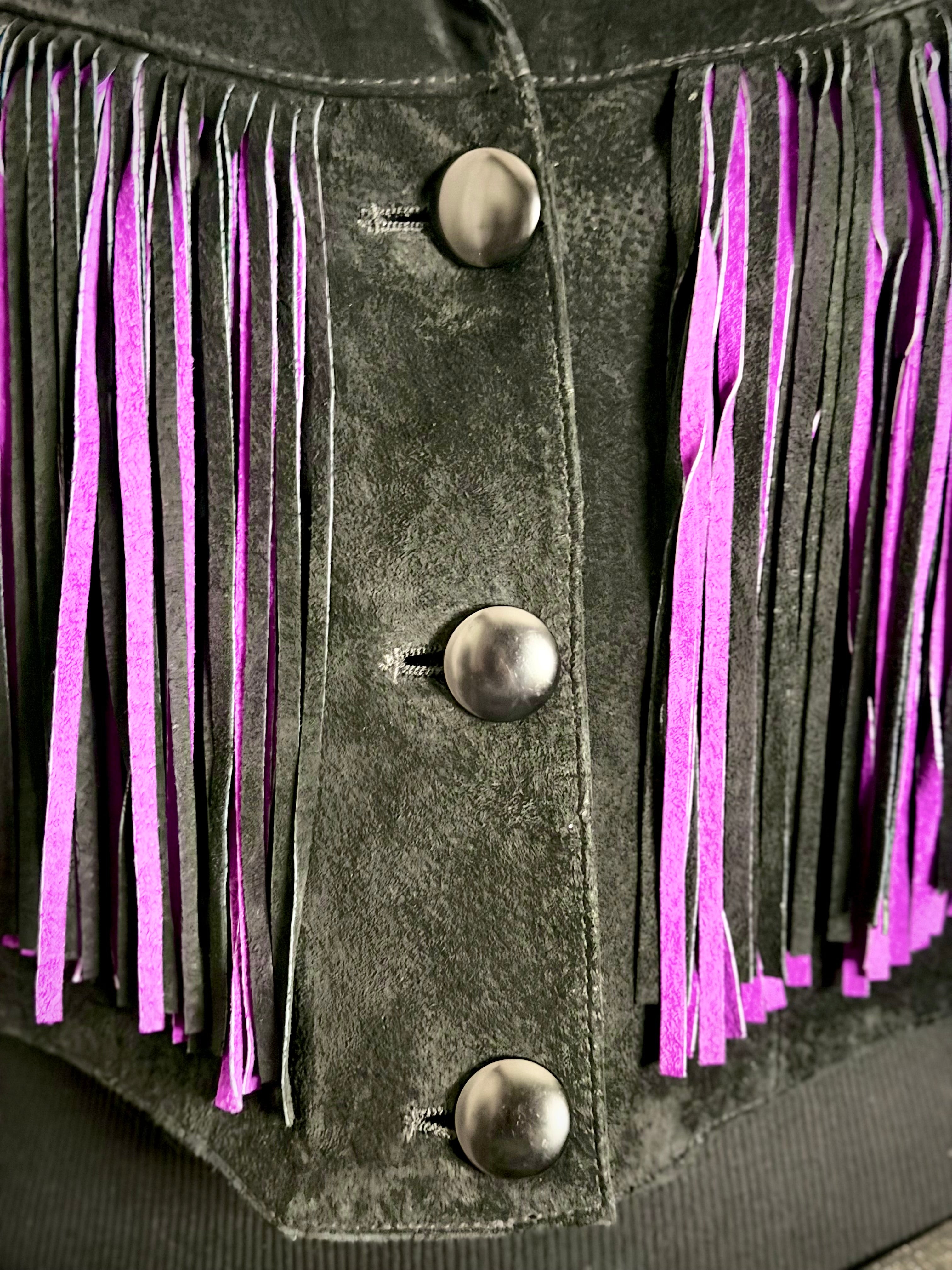 Exceptional 1980s Adler Black and Purple Suede Fringe Jacket
