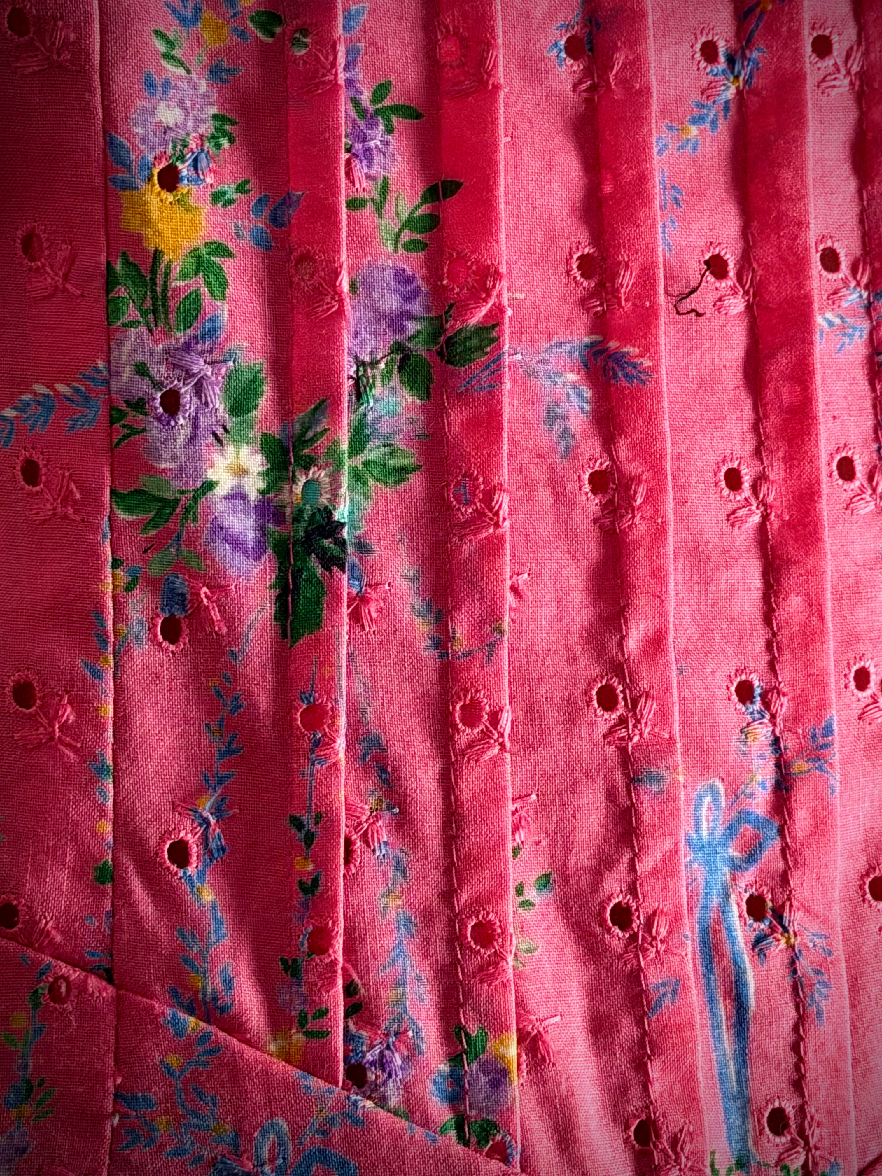 Circa 1960 Pink Floral Eyelet Cotton Dress with Pintucked Bodice