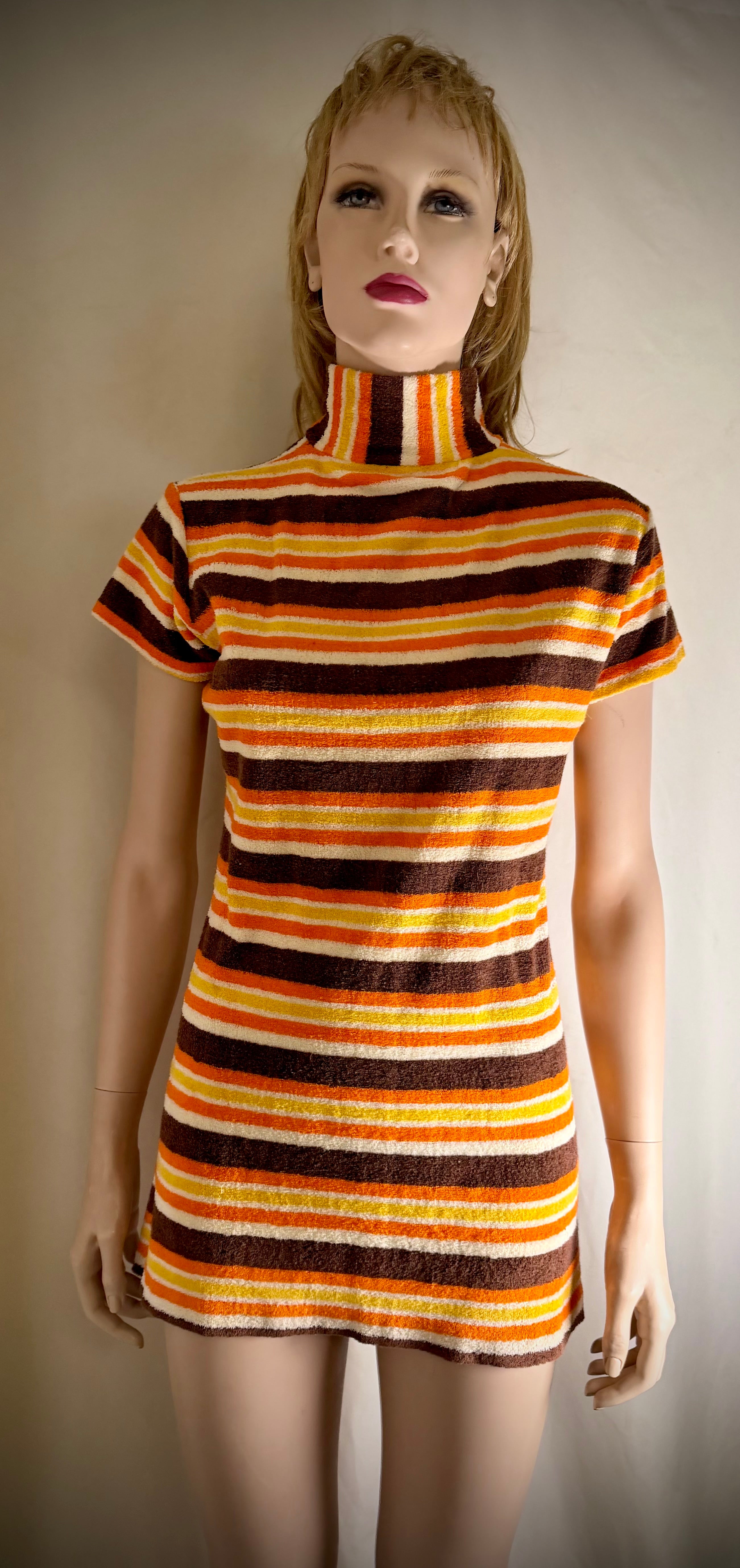 Vintage 1960s Towelling Mini Dress | High Neck | Graphic Stripe | Unworn