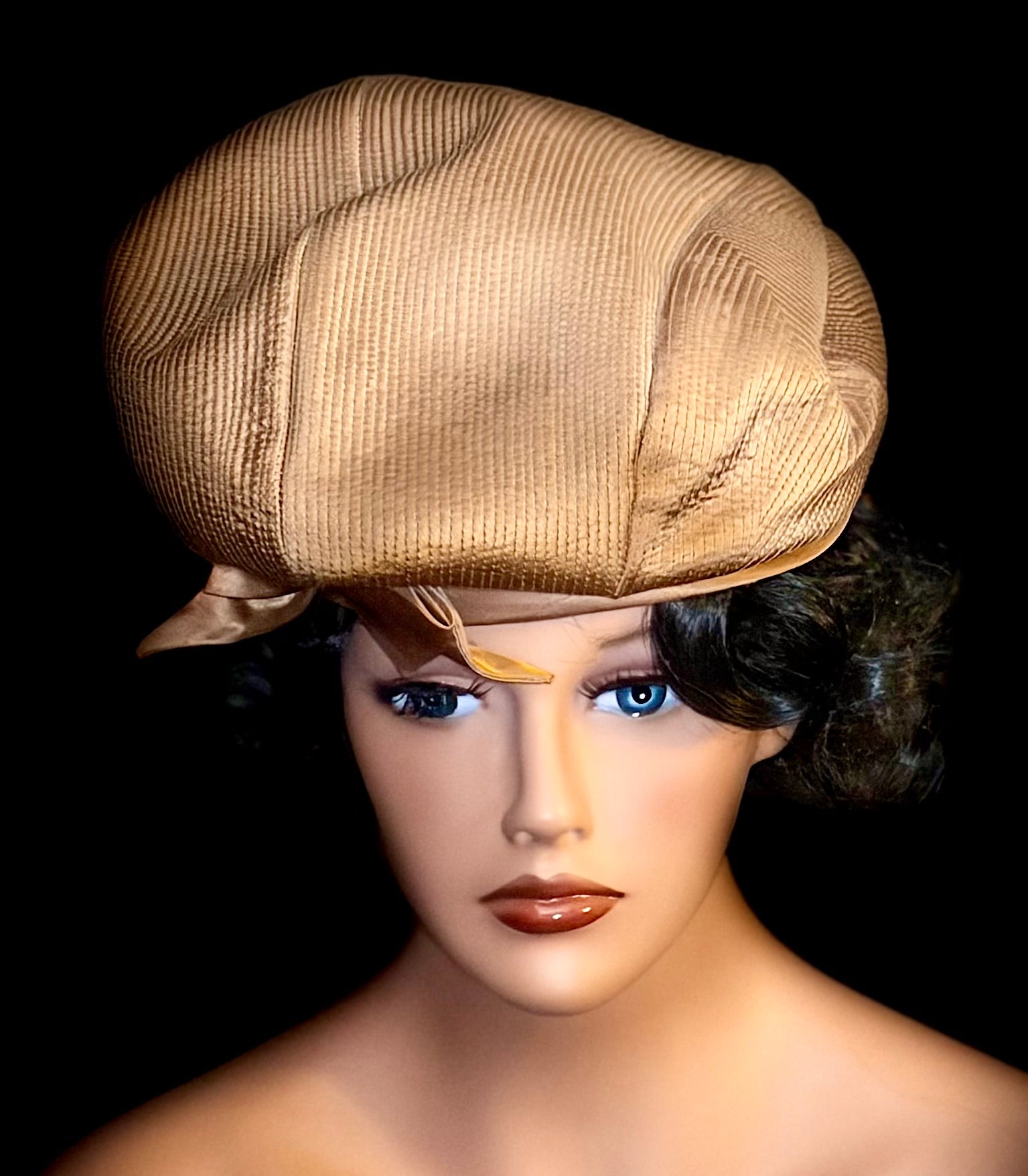 Vintage 1940s-50s Draped Turban Hat - Gold Satin & Faille