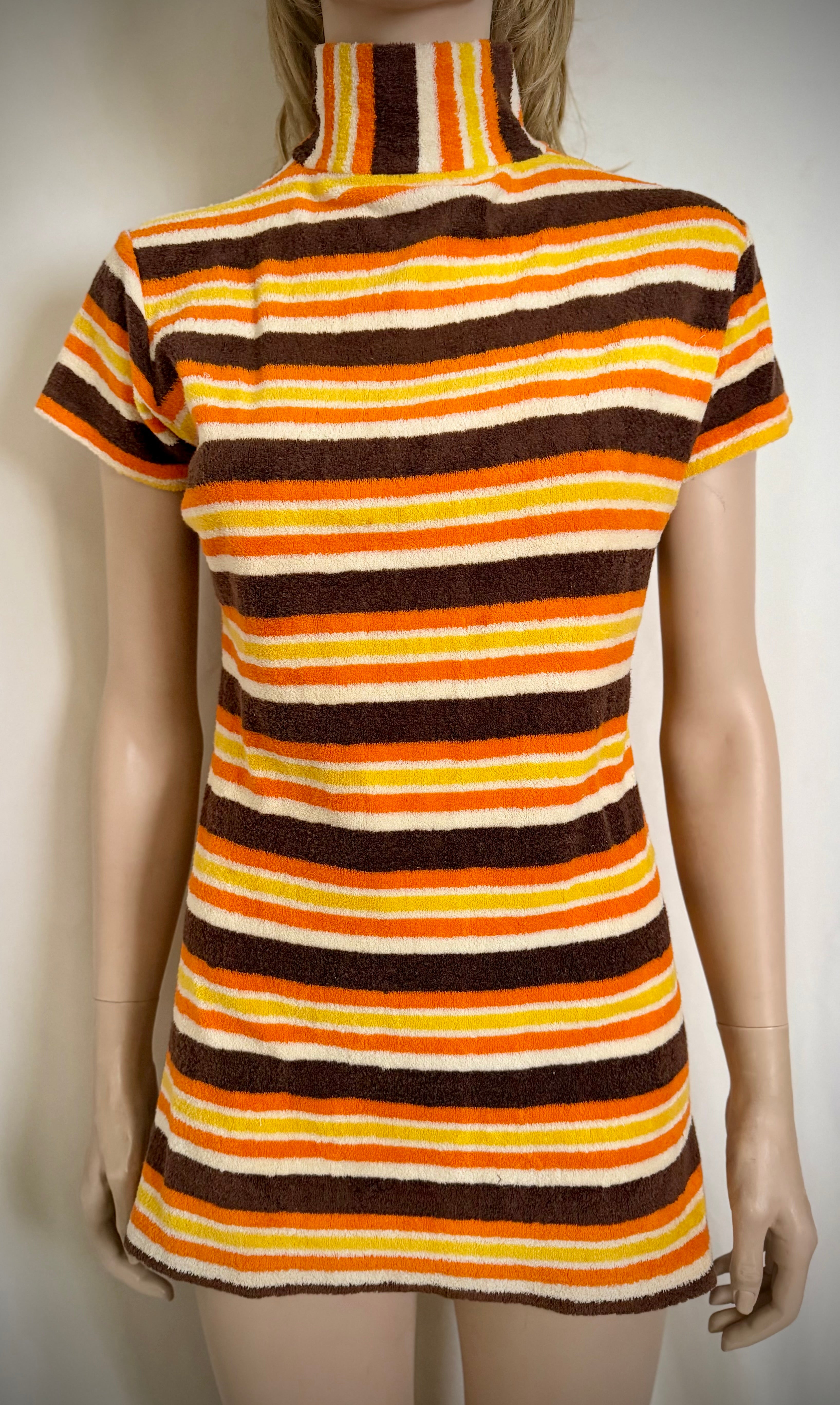 Vintage 1960s Towelling Mini Dress | High Neck | Graphic Stripe | Unworn