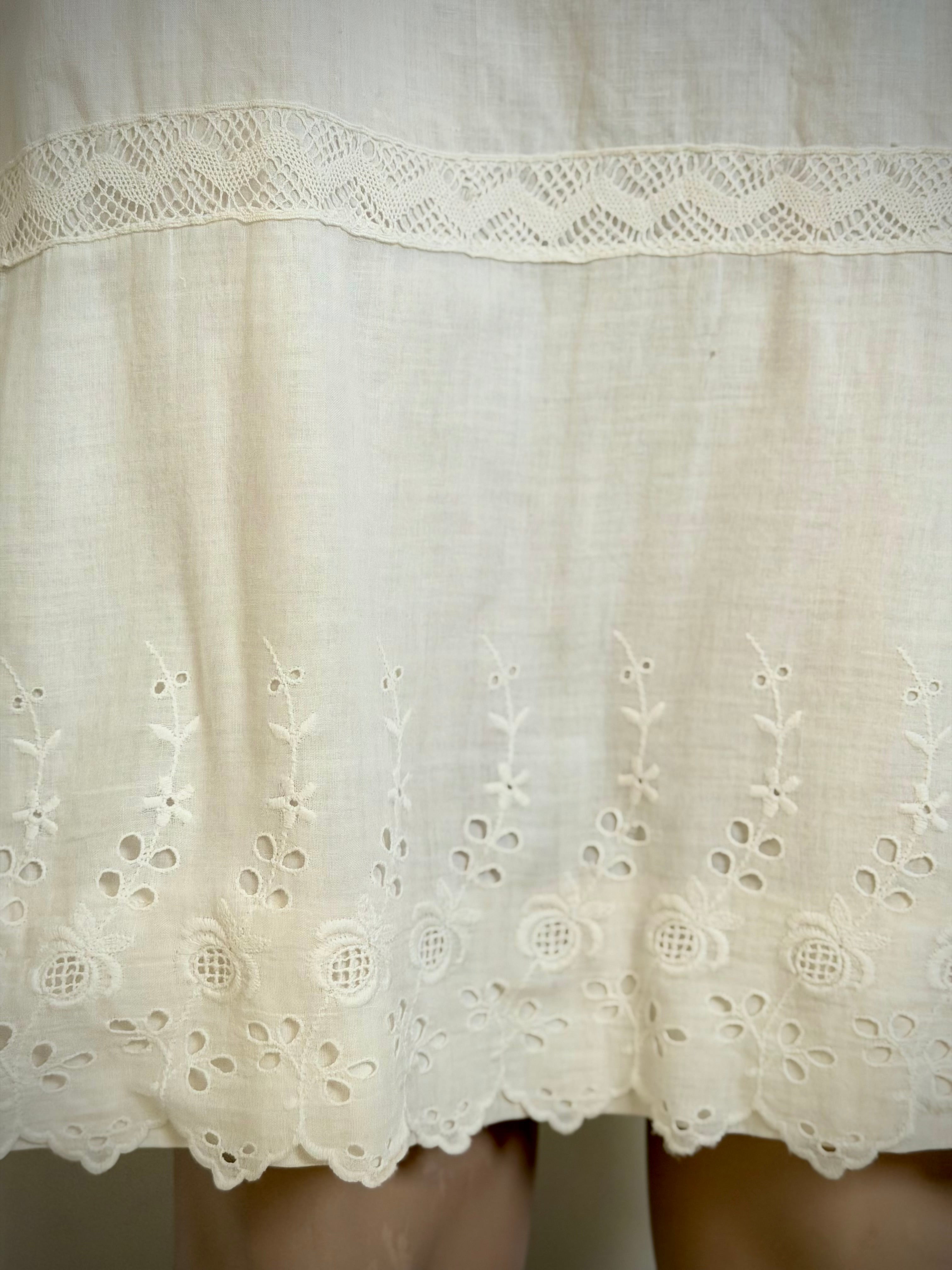 Late 1930s Hand-Made Cotton Slip - Utility Era Eyelet Trim Petticoat
