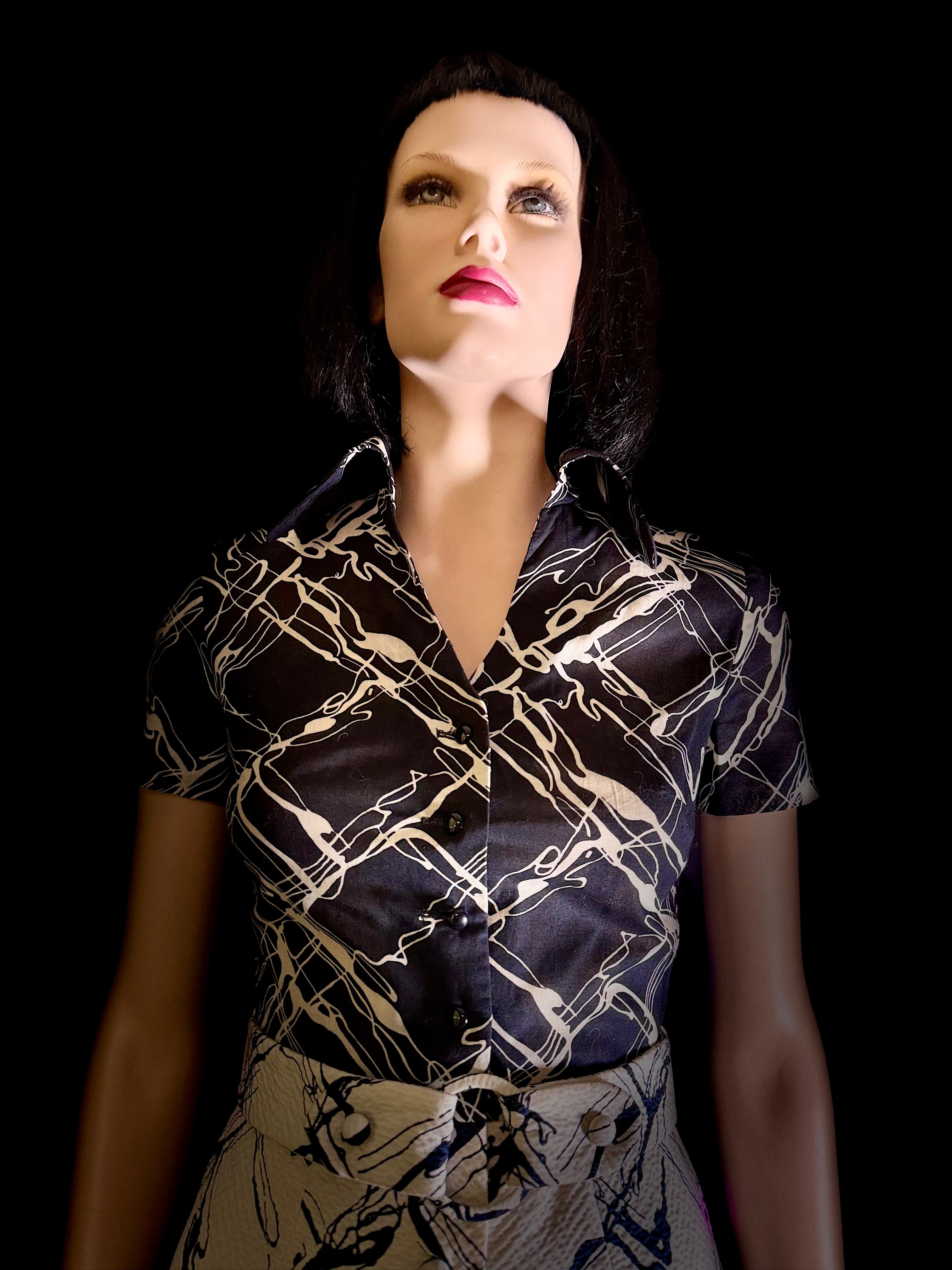 Pristine 1950s Abstract Print Dress with Sculptural Collar