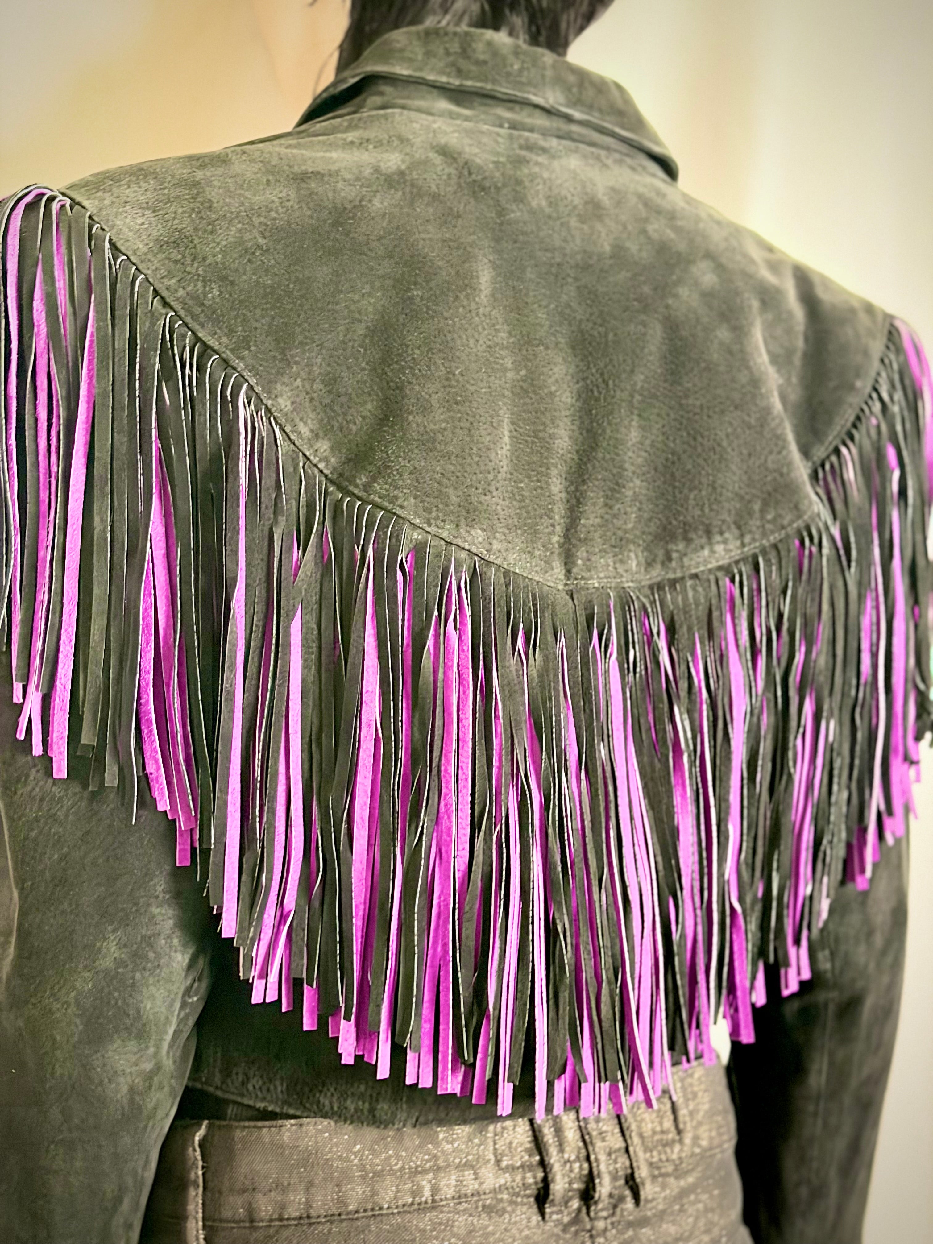 Exceptional 1980s Adler Black and Purple Suede Fringe Jacket