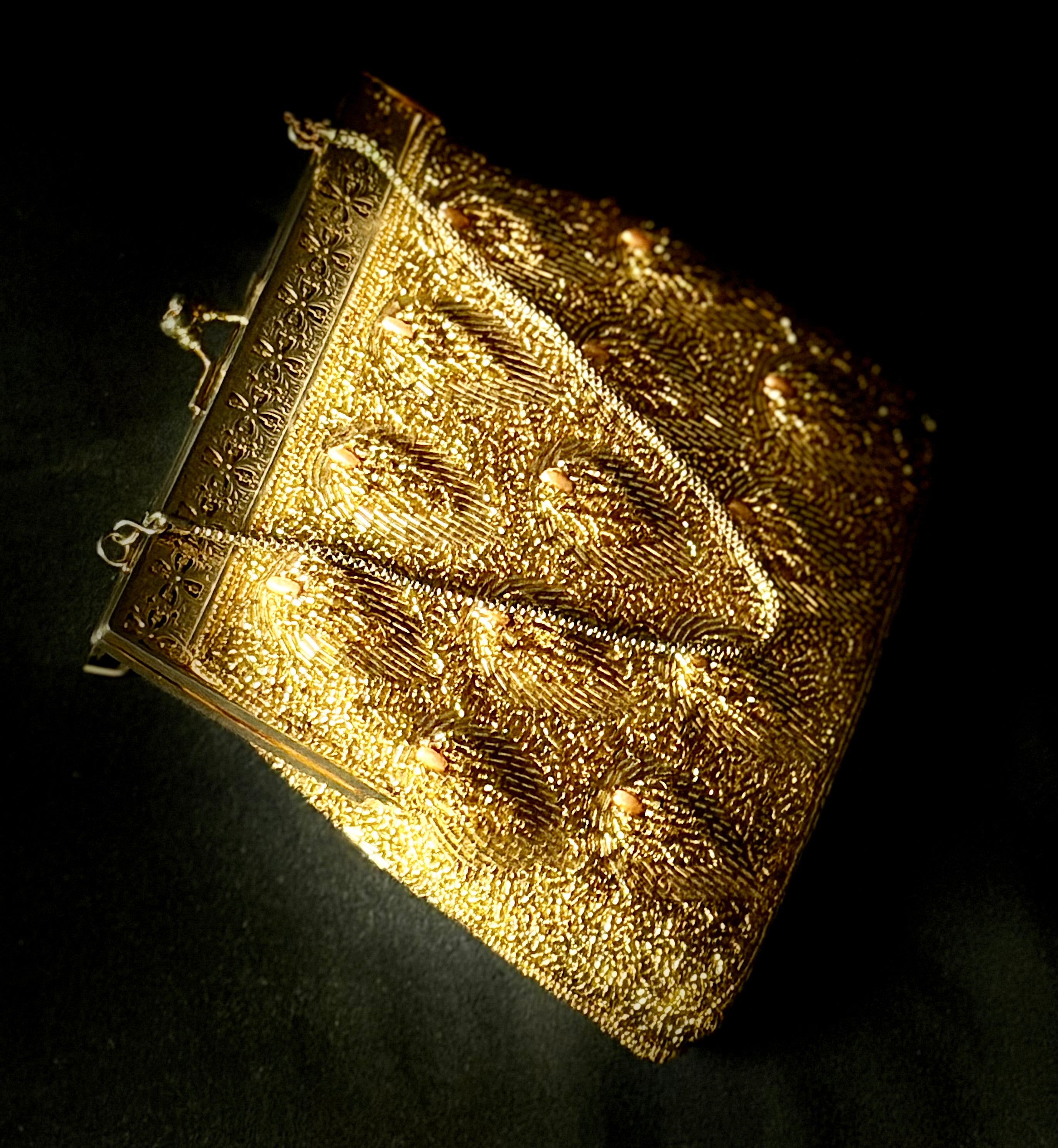 Evening Bag - 1950s Gold Beaded Clutch with Floral Filigree Frame”