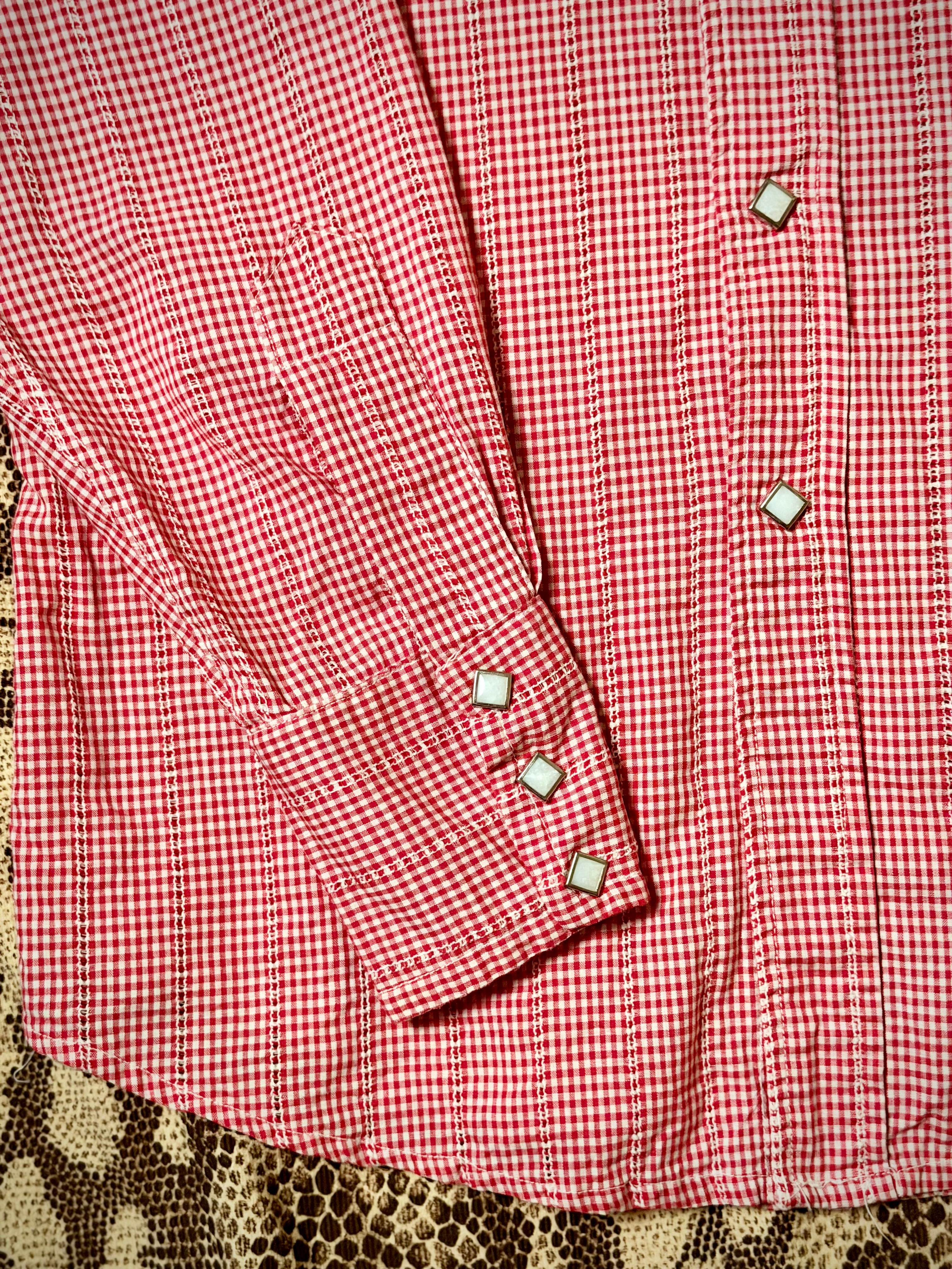 Vintage Red Gingham Western Shirt - Stud Button Detail - Fitted Cotton