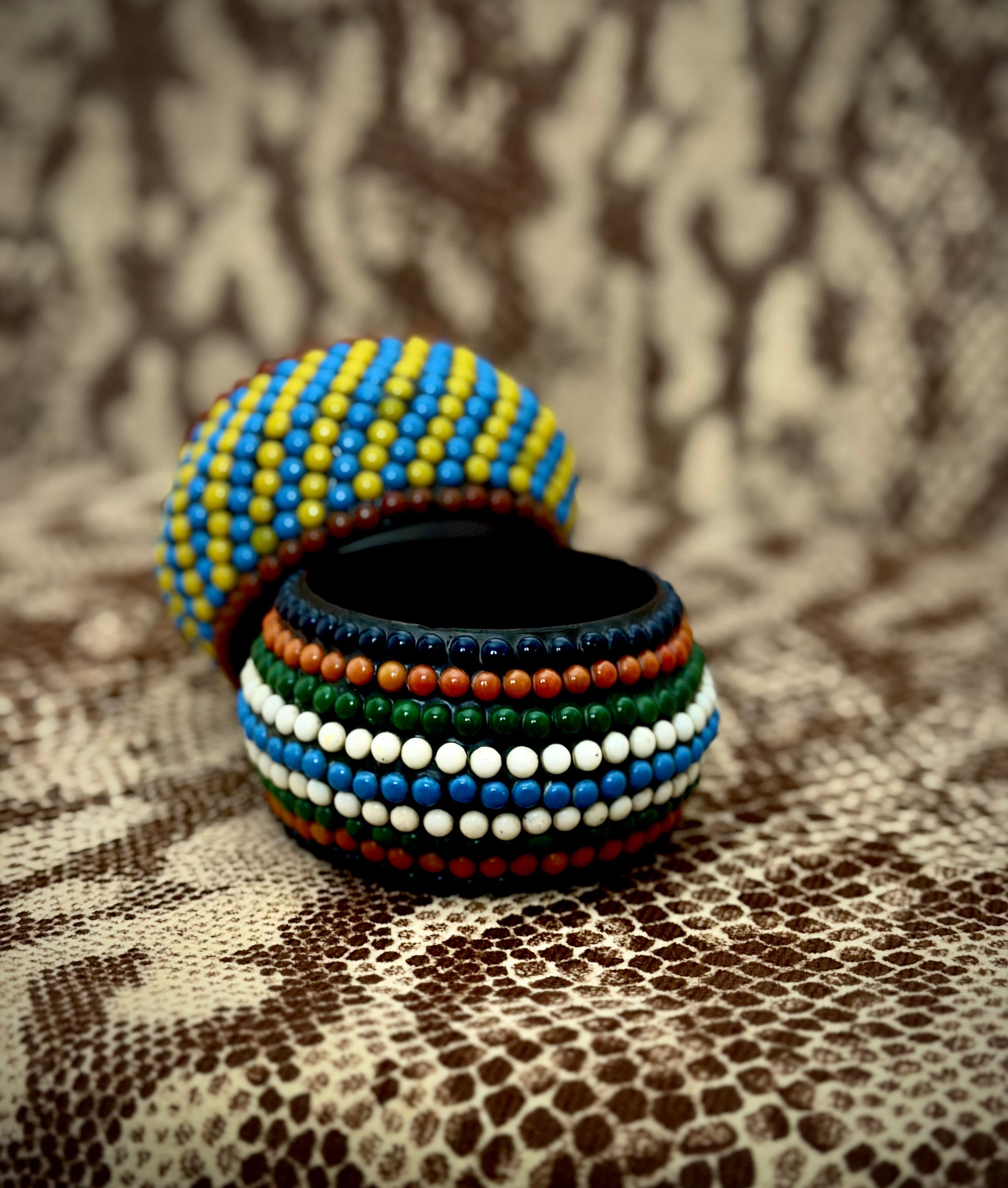 1980s African Beaded Wooden Bangle | Multicolour Stripe Design