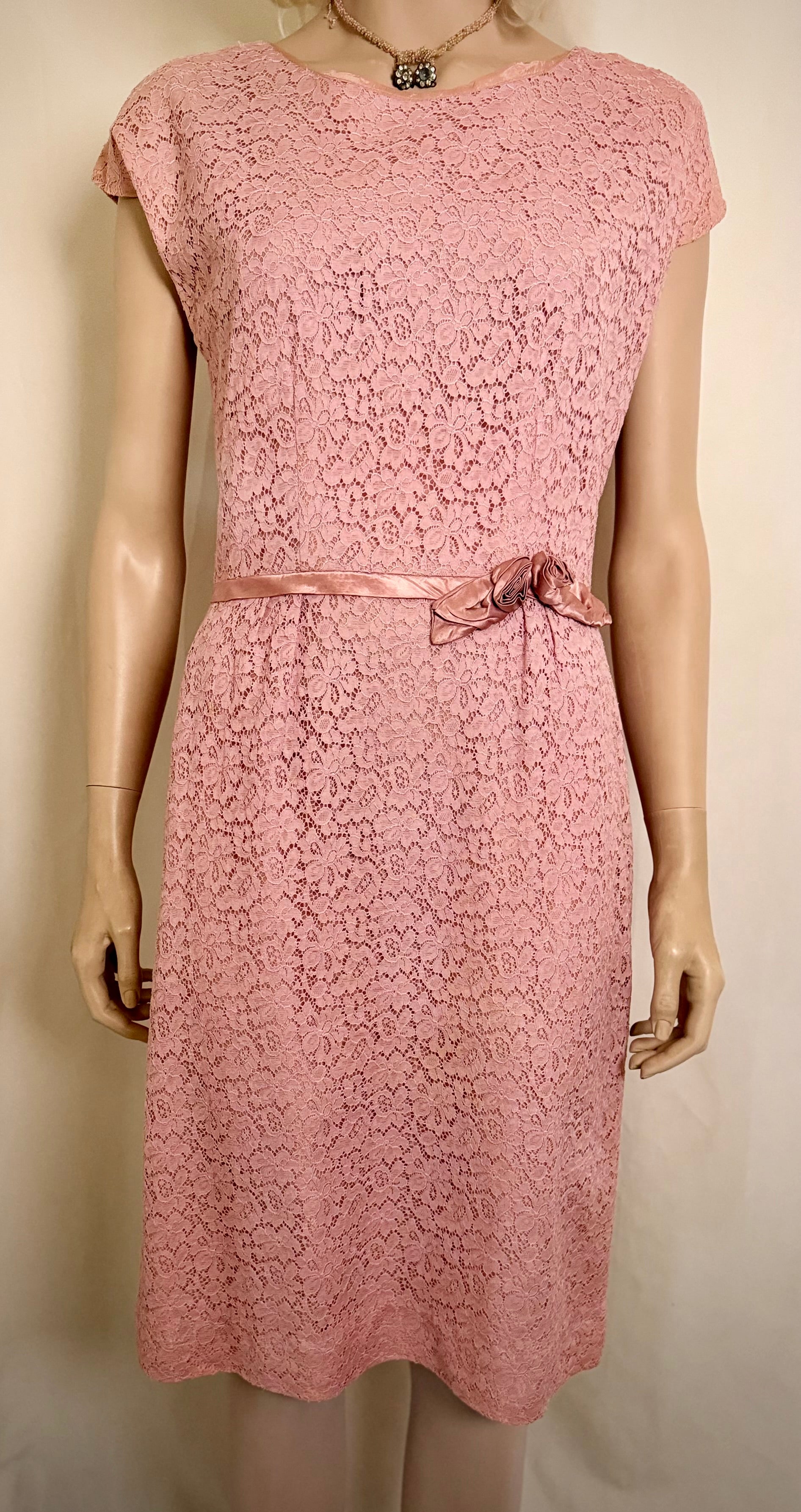 1950s Pink Lace Cocktail Dress with Satin Rosette Belt
