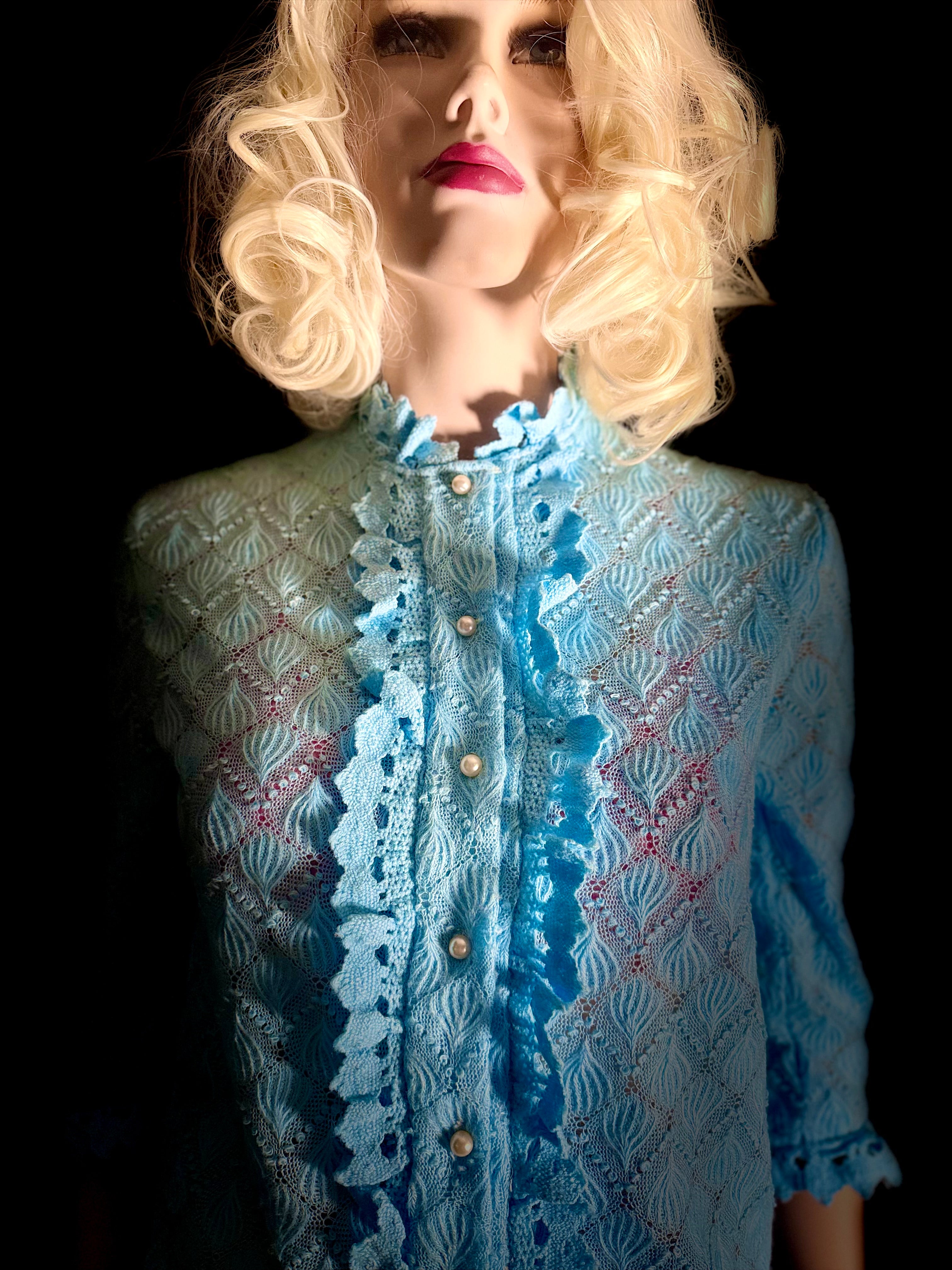 1960s Powder-Blue Textured Knit Cardigan - Mint Condition