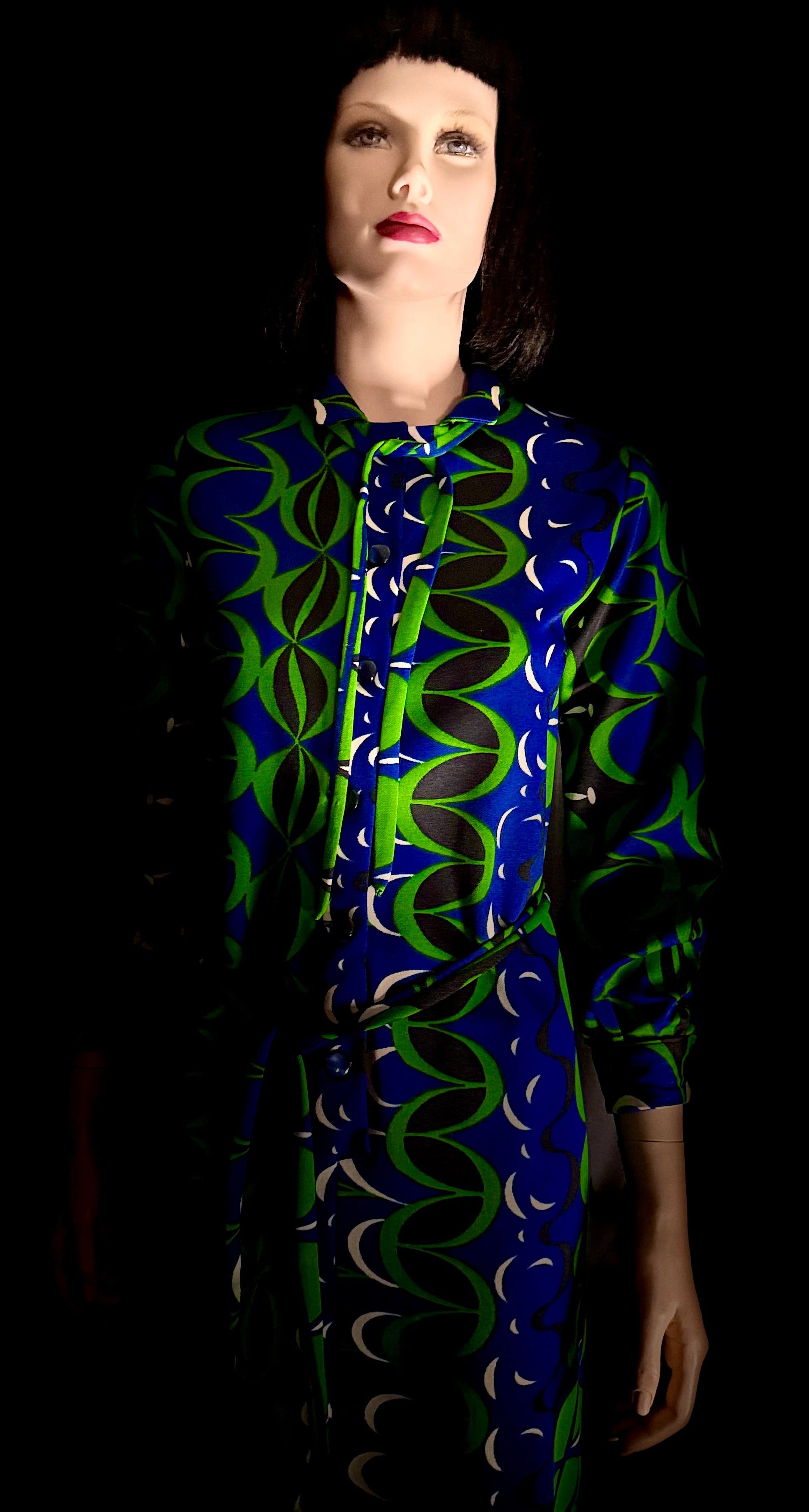 Vintage 1960s Graphic Print Shirt Dress – Blue & Green