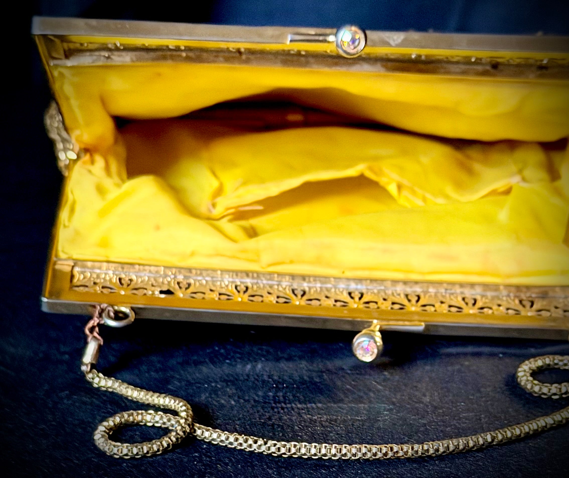 Evening Bag - 1950s Gold Beaded Clutch with Floral Filigree Frame”