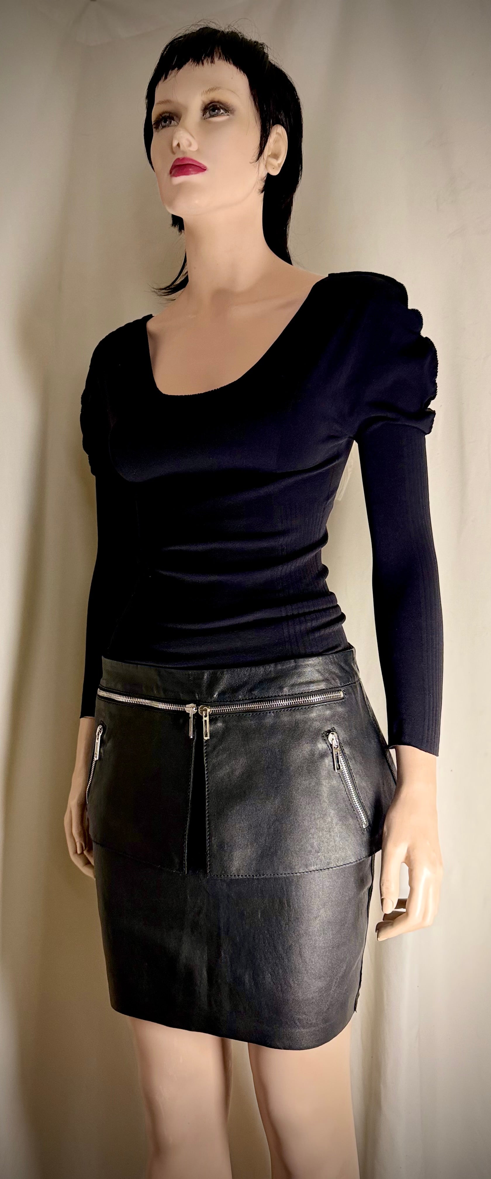 Costume National Black Goatskin and Lambskin Leather Mini Skirt