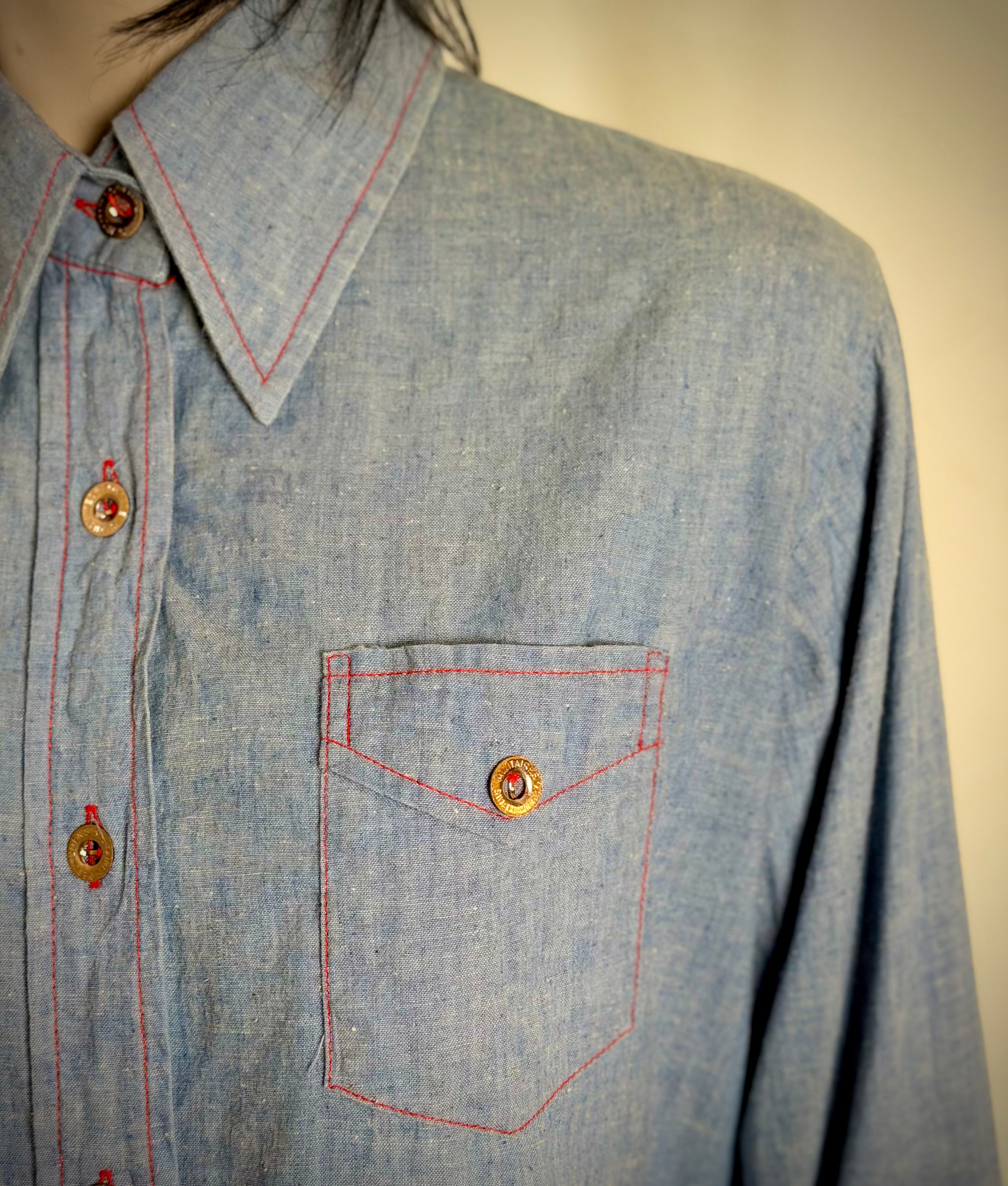 1970s American Denim Shirt with French Military Buttons – Dagger Collar, Red Contrast Stitching