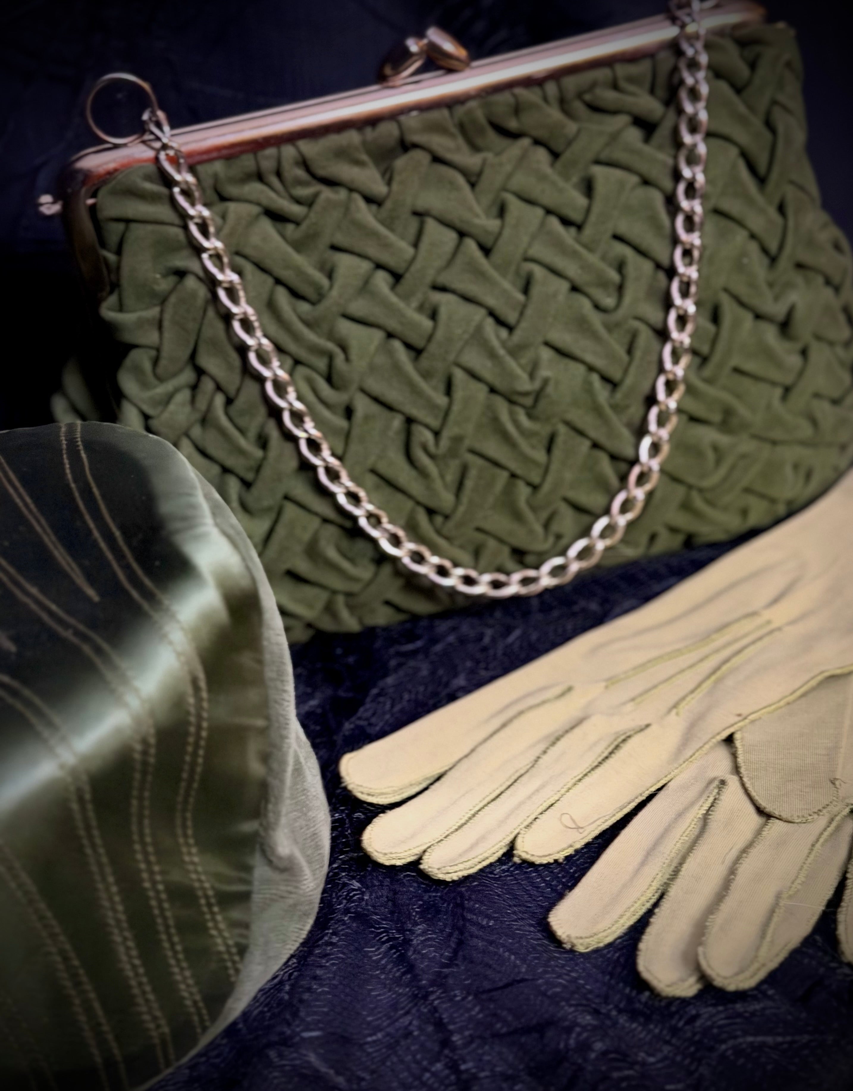 1950s Olive Velvet Evening Bag and Sage Gloves - Mid-Century Cocktail Set