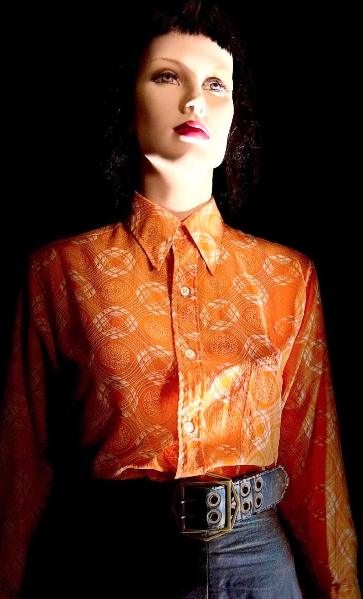 1970s Semi-Sheer Orange
Geometric Button-Down
Shirt
