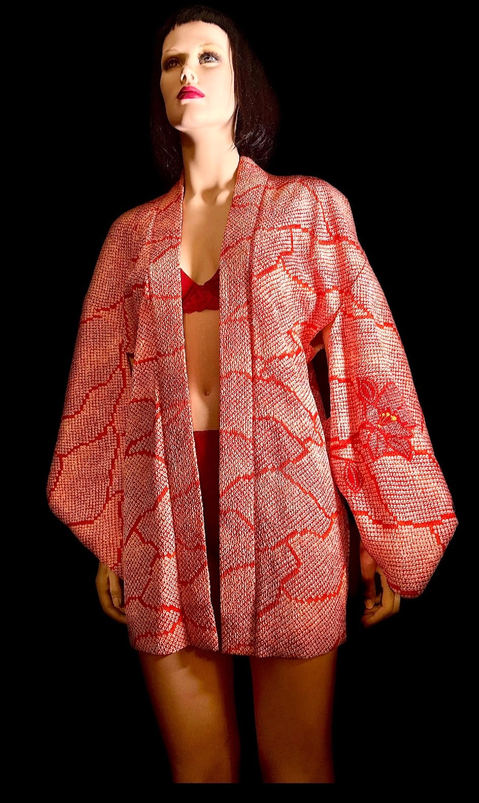 Vintage Japanese Hand-Shibori Silk Kimono Jacket - Red with Embroidered Florals