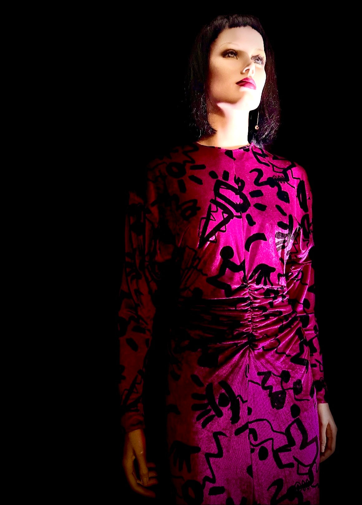 Nicole Miller Vintage Fuchsia Velvet Graphic Print Dress