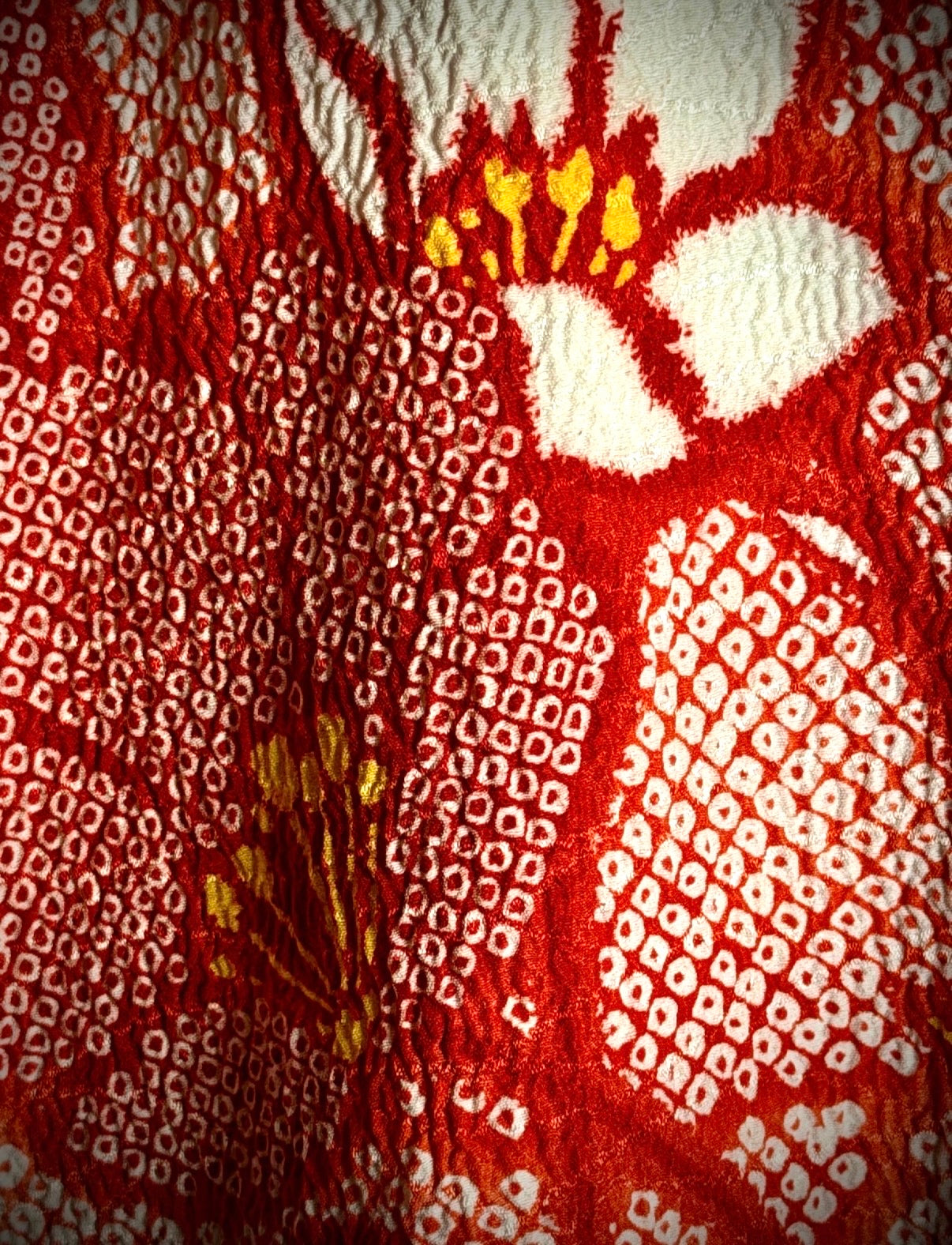 Vintage Japanese Hand-Shibori Silk Kimono Jacket - Red with Embroidered Florals