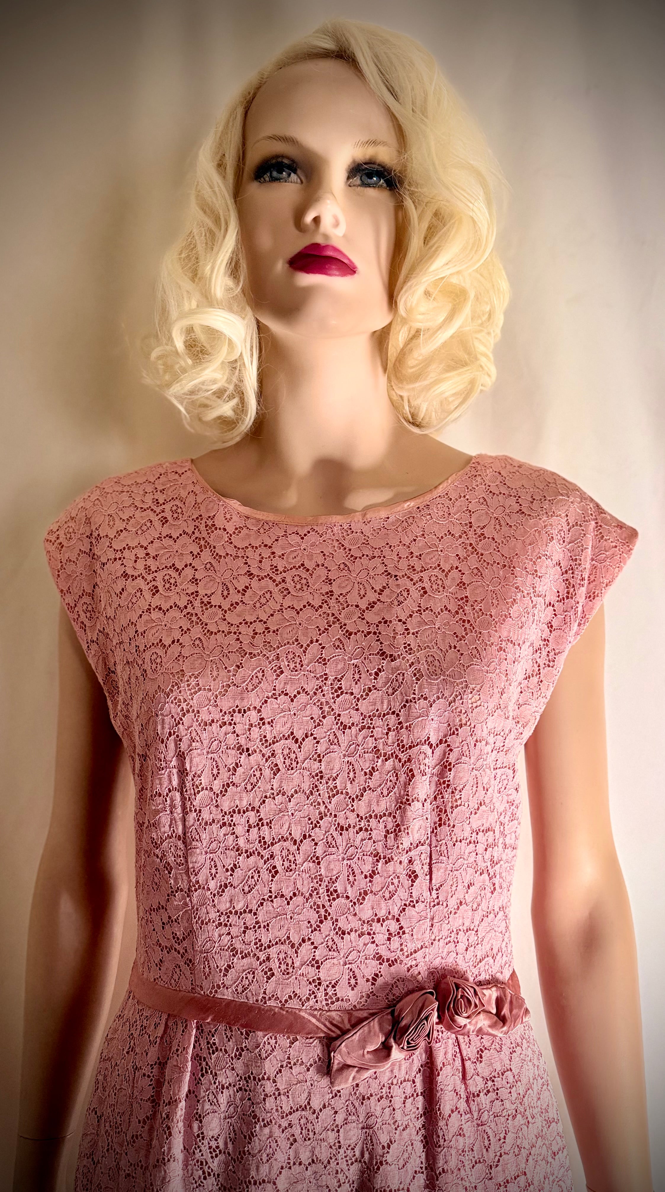 1950s Pink Lace Cocktail Dress with Satin Rosette Belt
