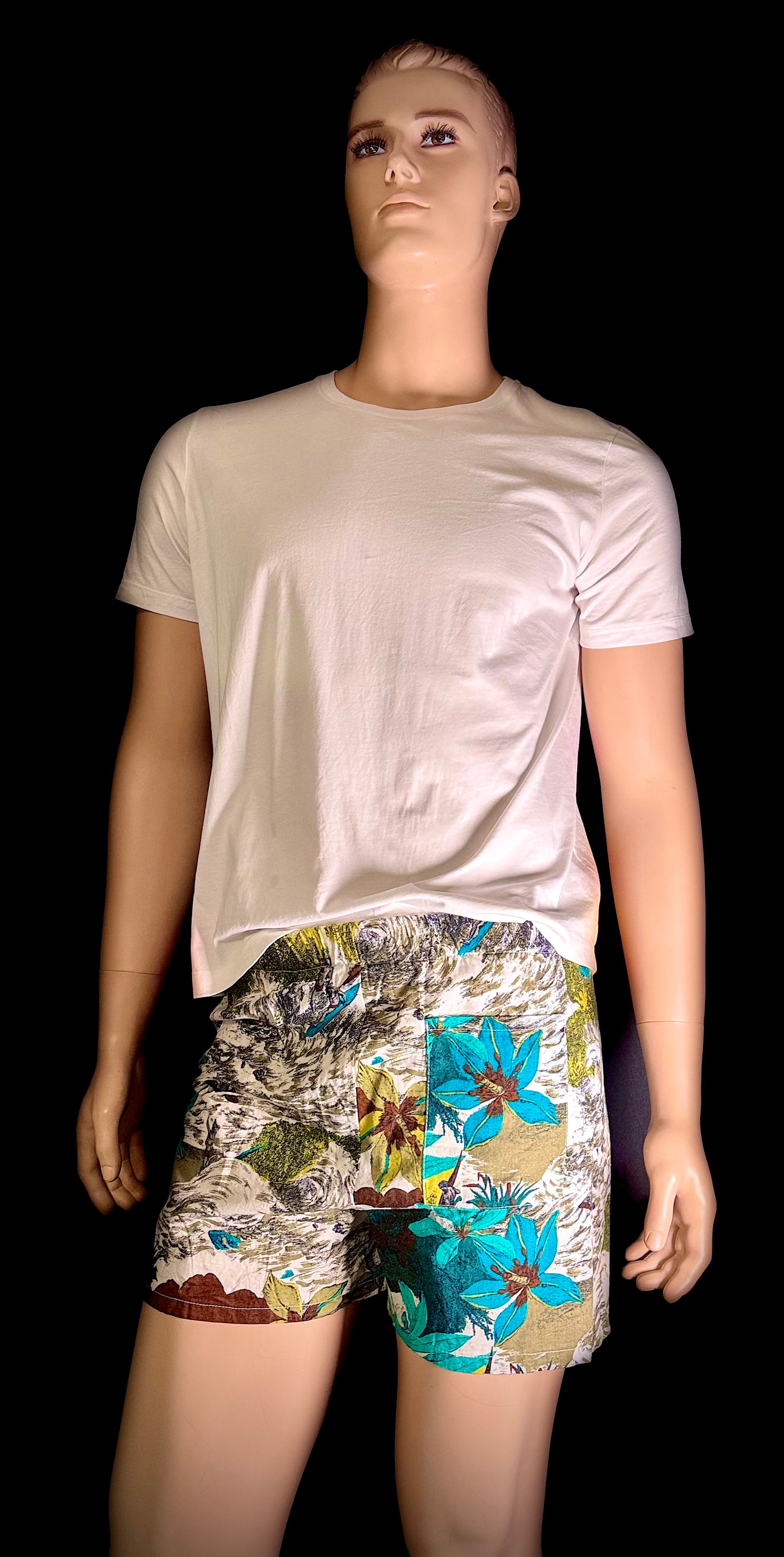 1960s Tropical Print Swim Shorts - Op-Art Floral Boxer Style (Rare)