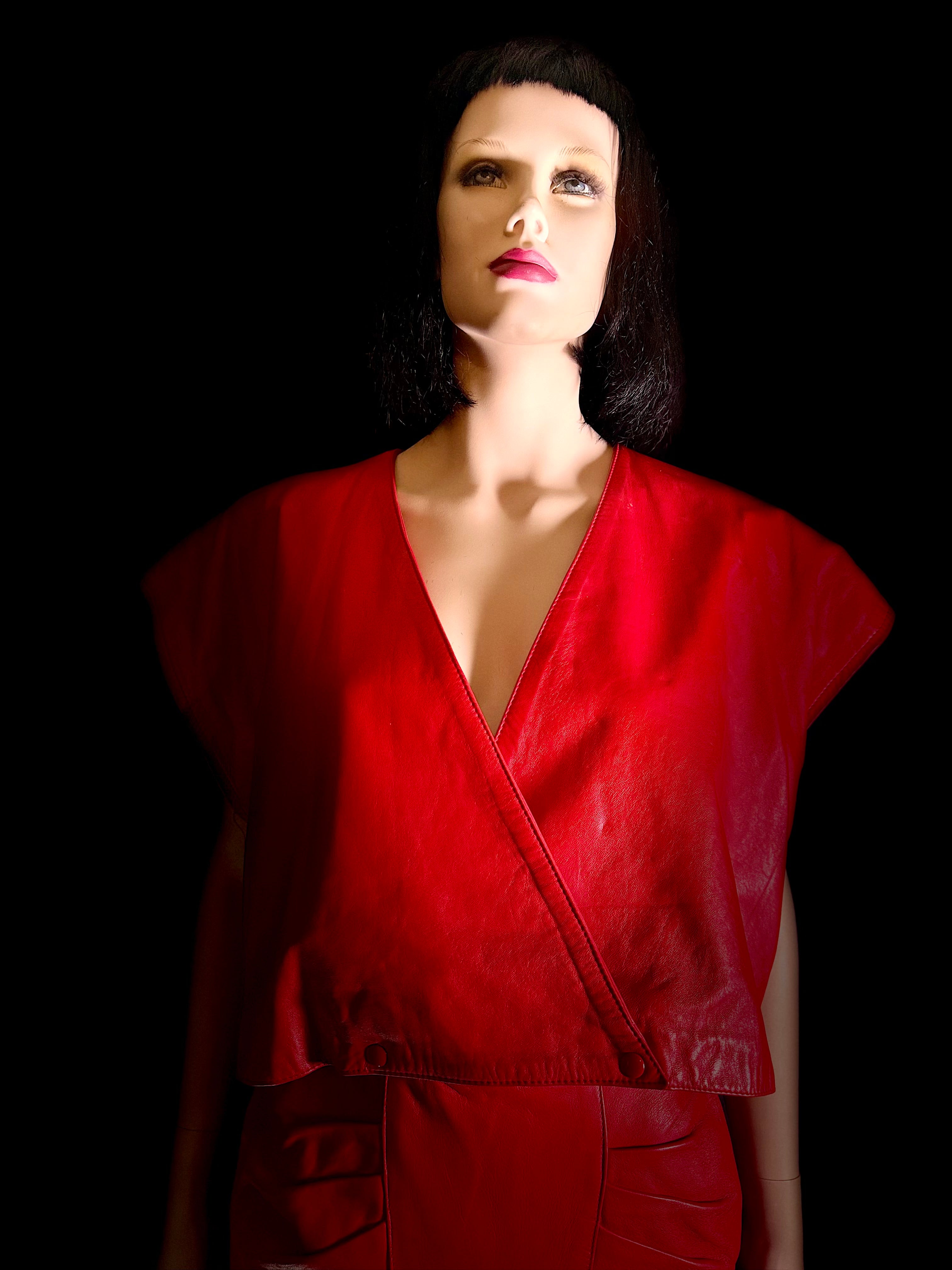 Vintage 80s Red Leather Set -Argentinian Vera Pelle Wrap Top and High-Waist Skirt