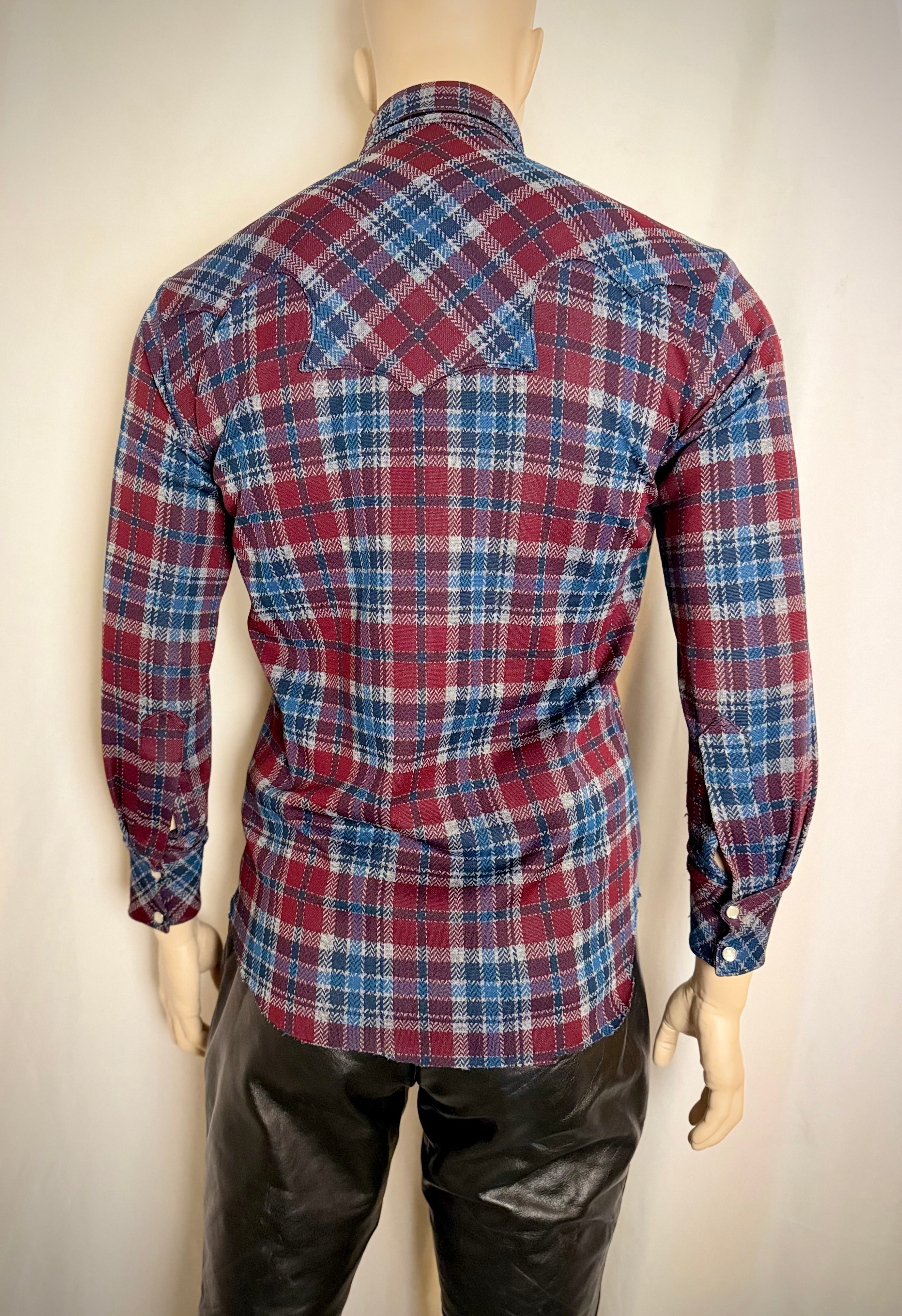 Deadstock 1970s Western Snap Shirt - Burgundy, Blue and Cream Plaid