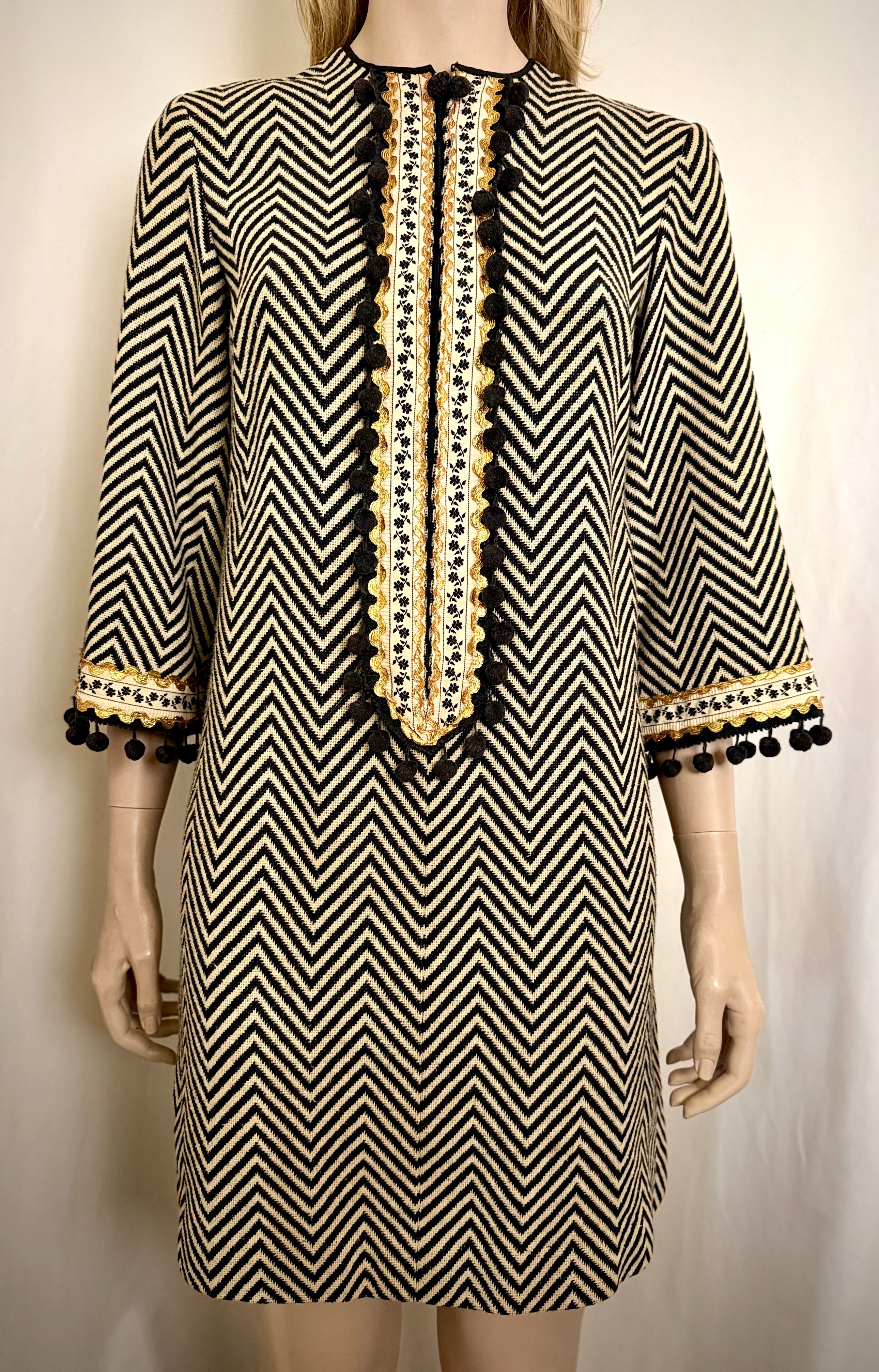 Mid-Century Chevron Weave Dress with Decorative Trim