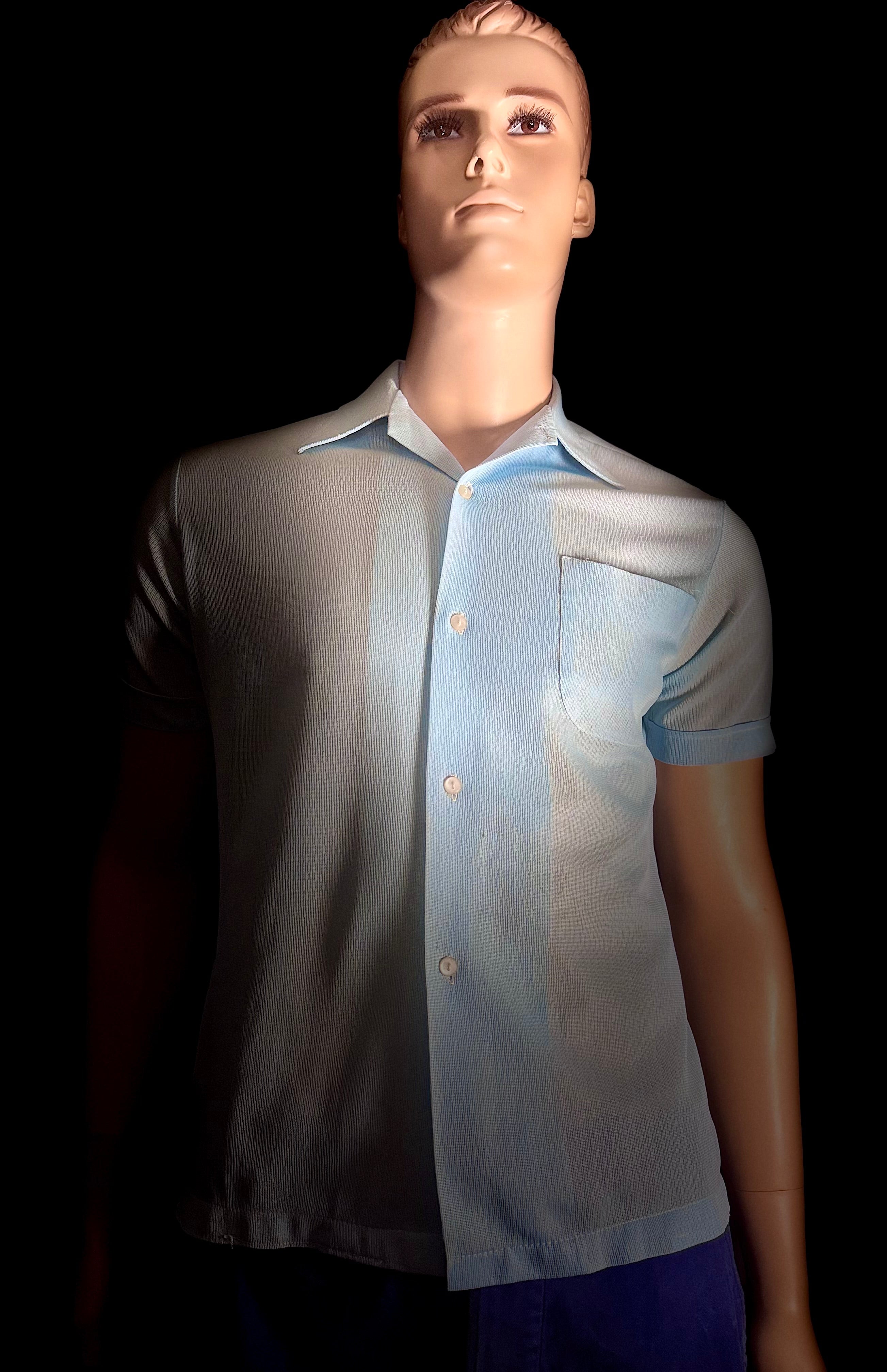 1960s Ice-Blue Sheer Shirt - Lightweight Mesh Weave