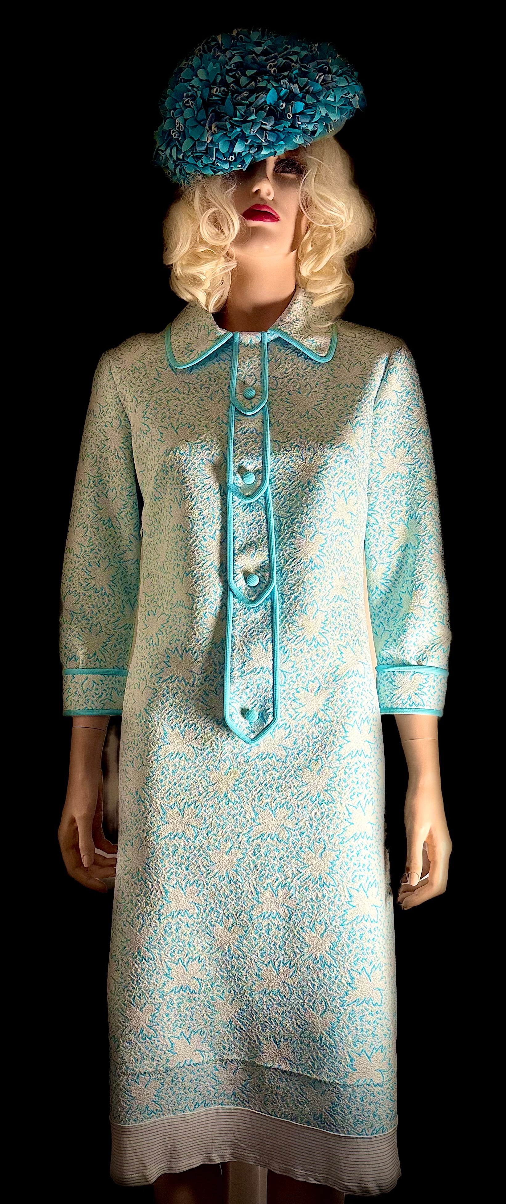 Immaculate 1960s Turquoise-Trimmed Textured Day Dress
